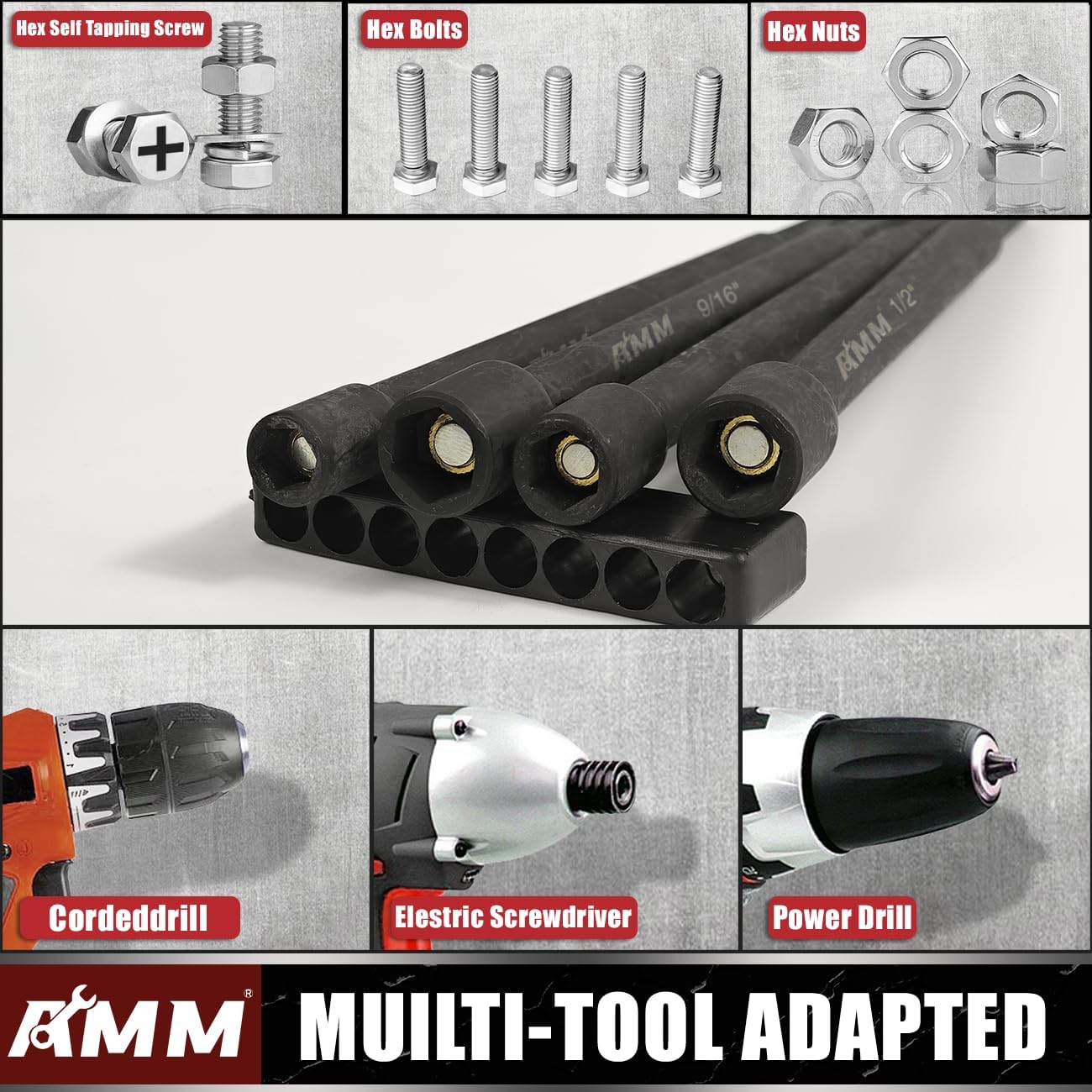 AMM 8PCS SAE Magnetic Nut Driver Set for impact drill, Long Nut Drivers 6 INCH (1/4" - 9/16"), 1/4” Hex Shank Nut Driver Bit， Cr-V Steel - Image 5
