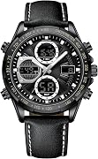 腕時計 メンズ watch for men アナログデジタル クオーツ時計 3 気圧防水 蓄光 本革ベルト 多機能 日付 ストップウォッチ カウントダウン アラーム ビジネス かっこいい 大きい文字盤 男性 紳士 就活 プレゼント (ブラック)