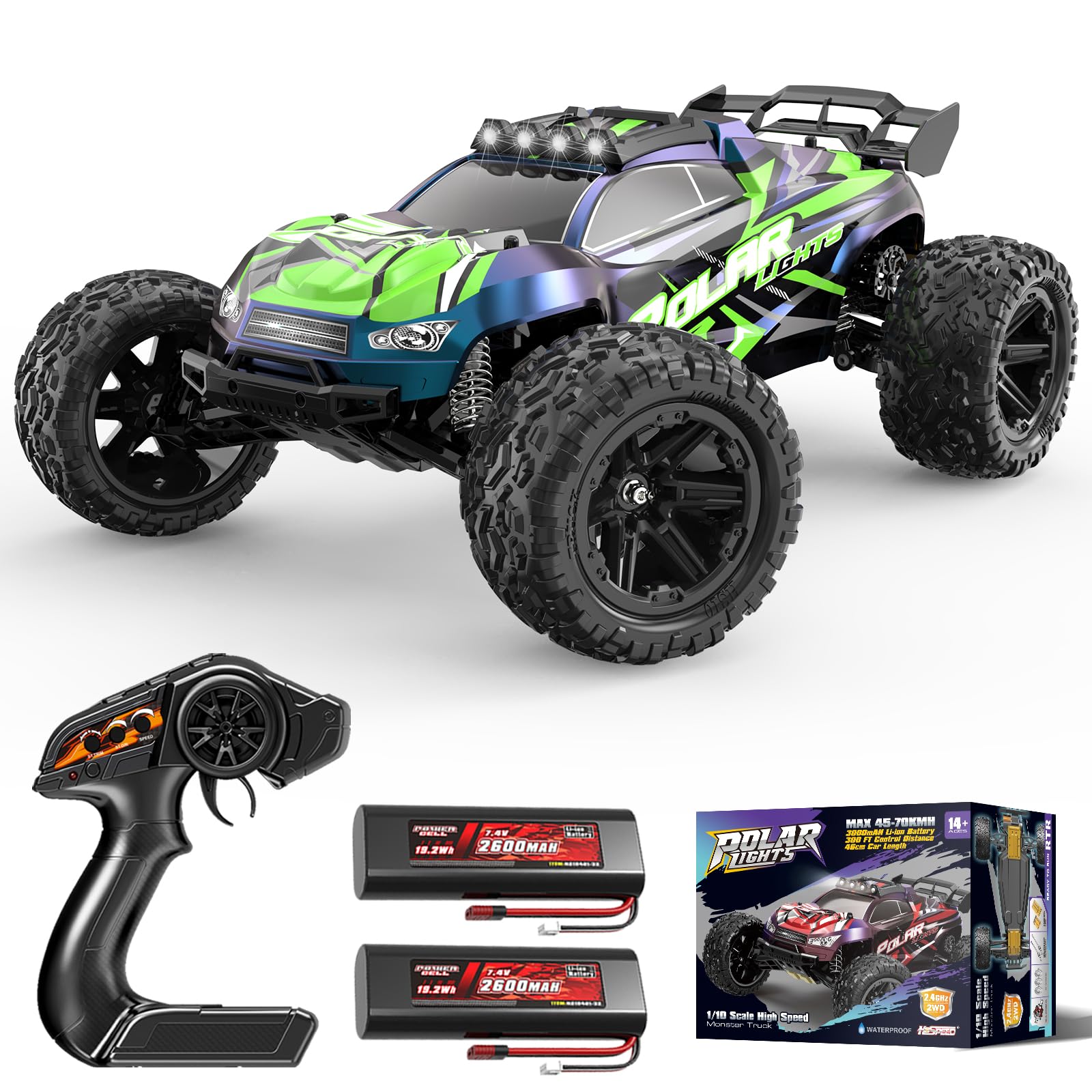 Voiture Télécommandée Adulte Grande Échelle 1:10 46 cm, RC Truck 2WD RWD Électrique 45 km/h avec 2 Batteries 2600mAh, Voiture Radiocommandée Tout Terrain pour Enfants et Adultes