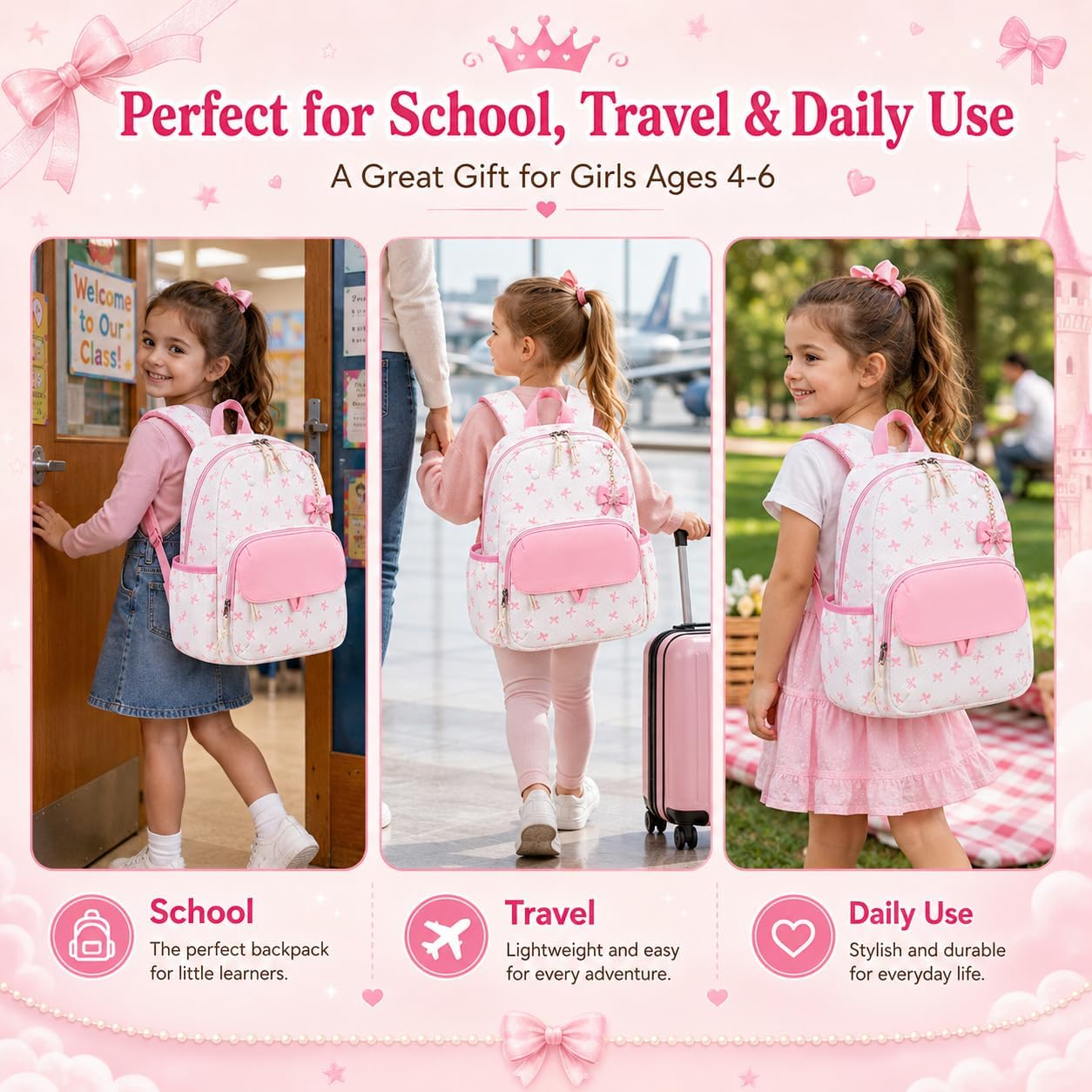 BTOOP Kids Backpack for Girls 4-6, Small Girls Backpack-Preschool Kindergarten School Bookbag with Insulated Lunch Compartment & Chest Strap for Girl