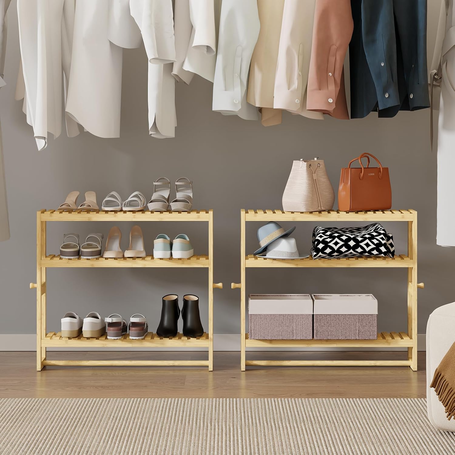 RRX Bathroom Shelf Storage Organizer, Bathroom Shelf 3-Tier Adjustable Layer Bamboo Organizer with Bar, Hanging, Freestanding Over Toilet Utility Shelves, Beige
