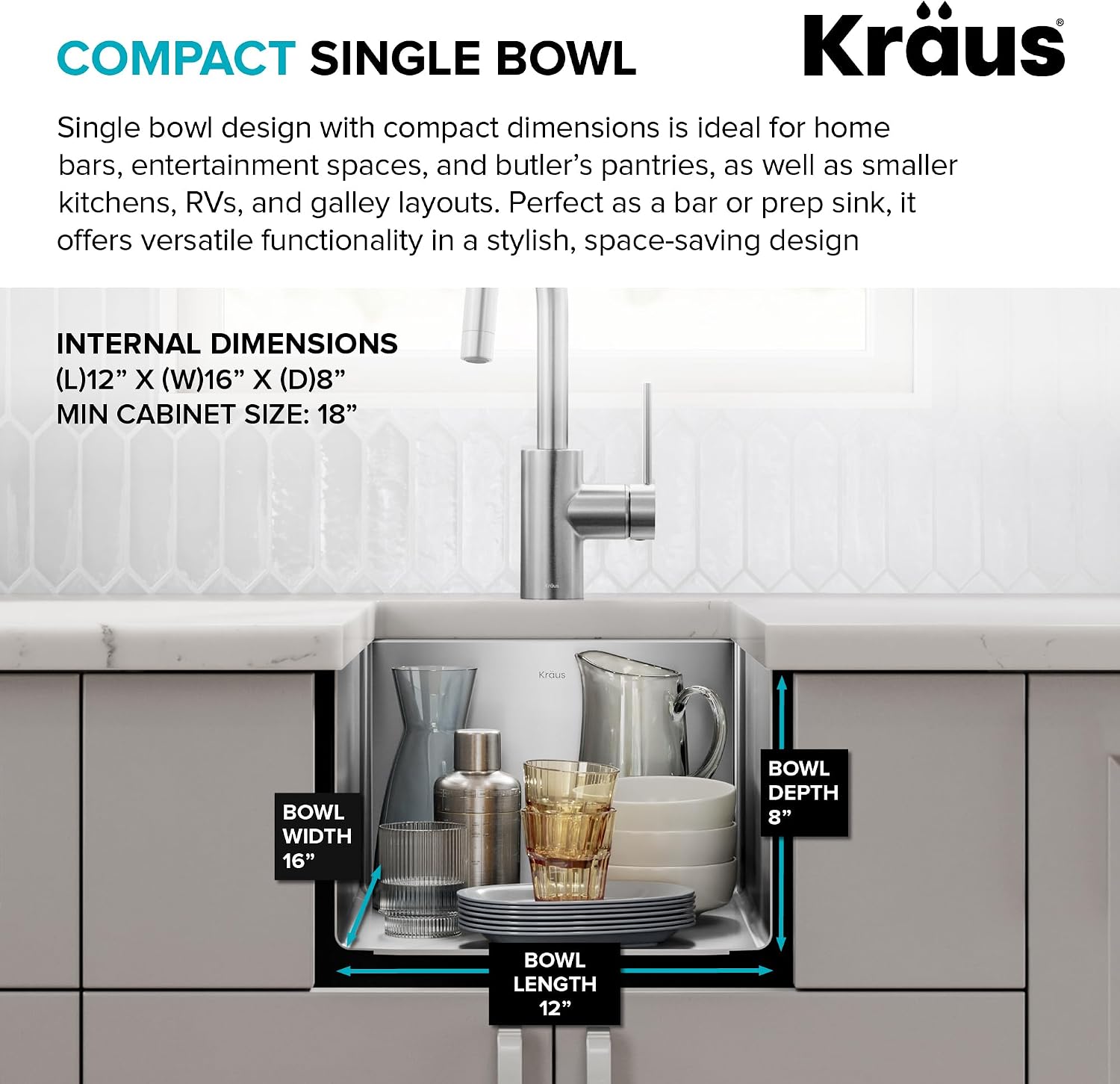 KRAUS Standart Pro 14 -inch Undermount Single Bowl 16 Gauge Stainless Steel Bar Kitchen Sink, KHU101-14
