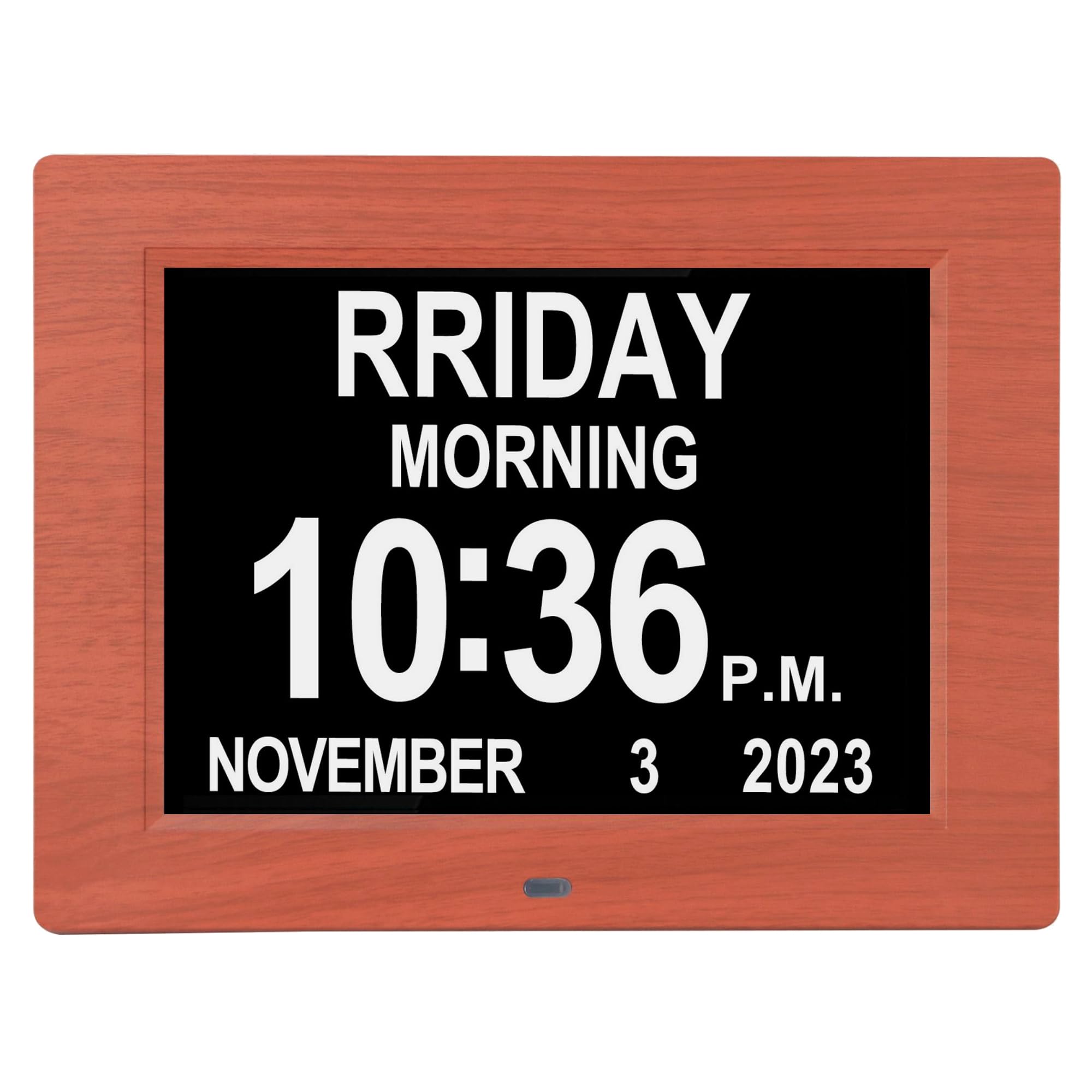 Golony 8 inch Extra Large Digital Day Dementia Clock for Seniors, 12 Medication Reminders Calendar Clock with Day of The Week, Date Time for Elderly Vision Impaired, Memory Loss, 2023 New Woodgrain