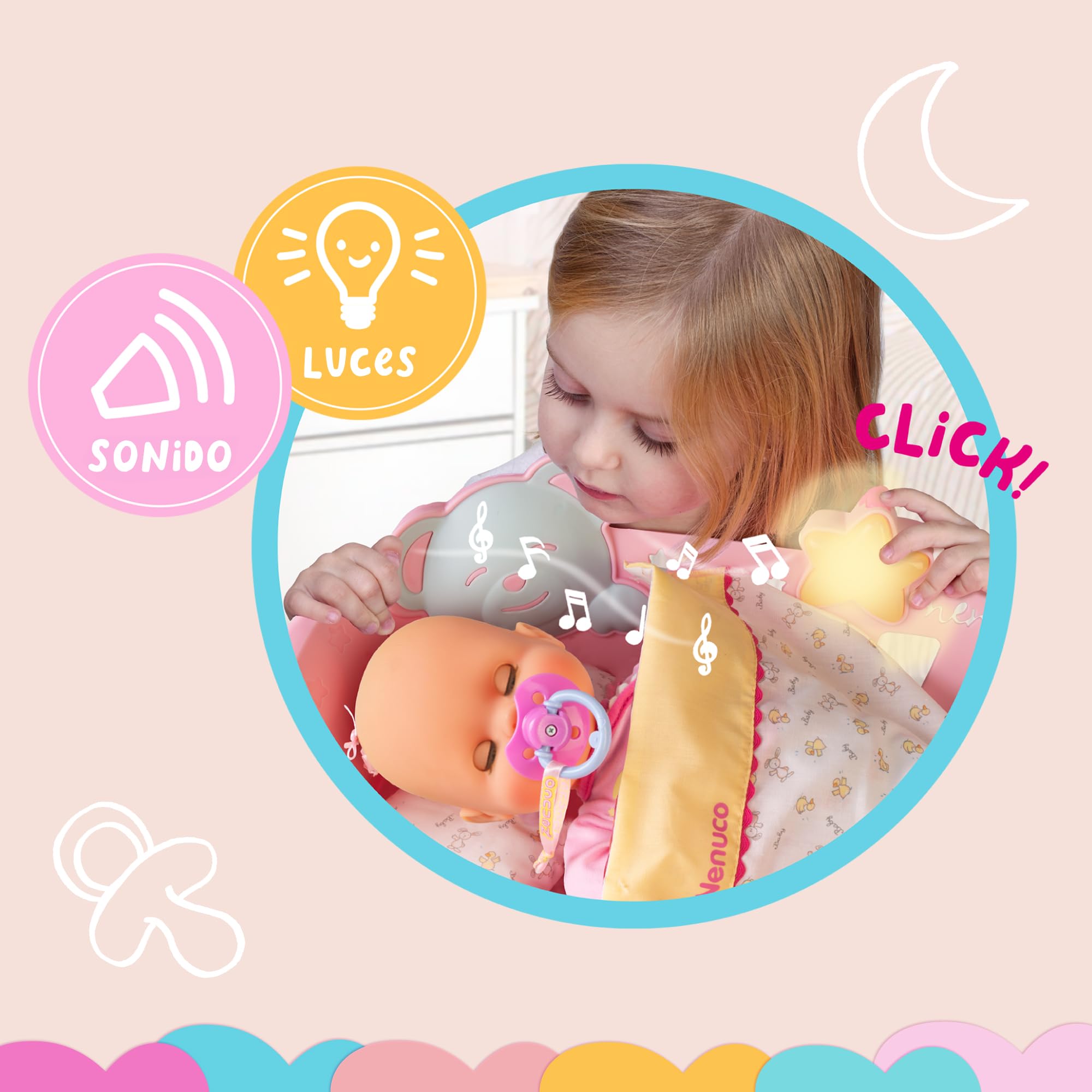 Nenuco - Dormi con me, culla 3 in 1 con bambola da 35 cm e corpo morbido, include ciuccio, biberon, copertina e stella con luci e suoni, si adatta a qualsiasi letto, +2 anni, Famosa (NFND1000)