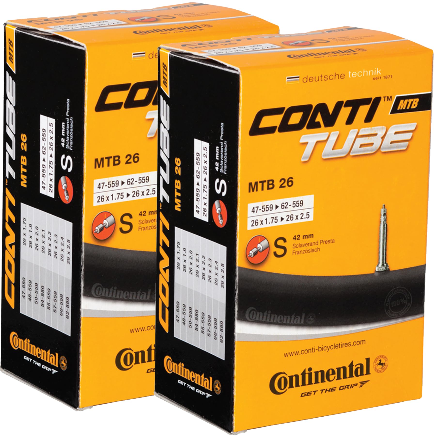 Continental MTB 26x1.75-2.5" / 47-584 -> 62-584 Inner Tubes - 42mm Presta Valve (Pack of 2 Tubes)