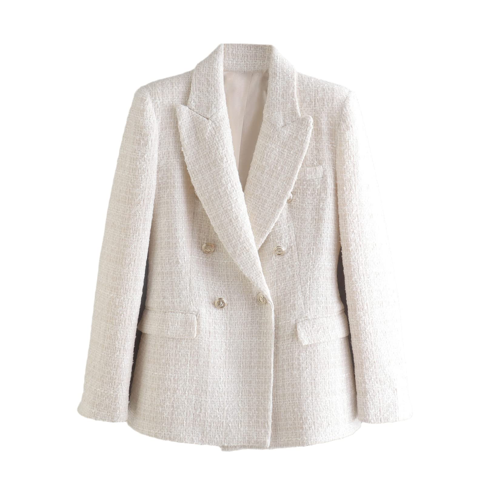 Blazer uni à manches longues à double boutonnage avec poches pour femme, beige, M