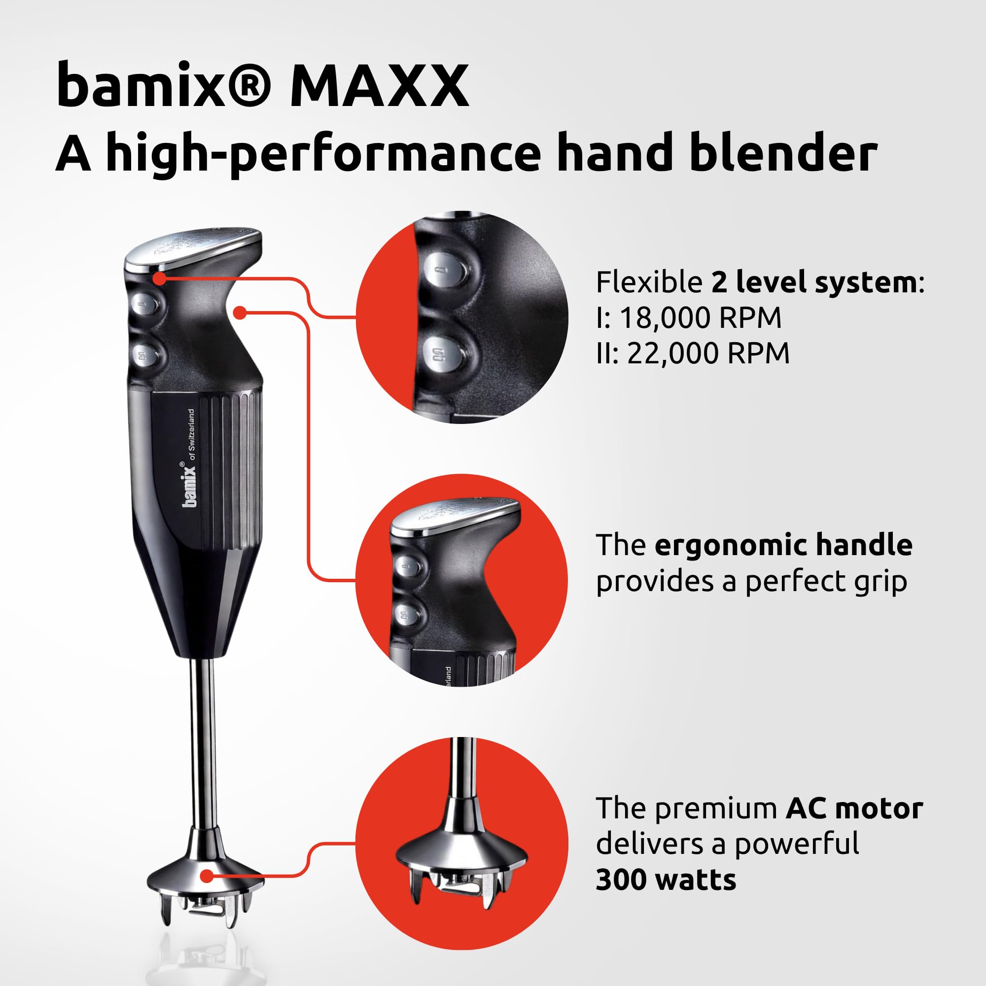 bamix M350 MAXX Blender ręczny z uchwytem, 2 szklanki, 4 narzędzia, procesor, szpatułka, szczotka do czyszczenia, 300 W, wyprodukowano w Szwajcarii, czarny i chromowany