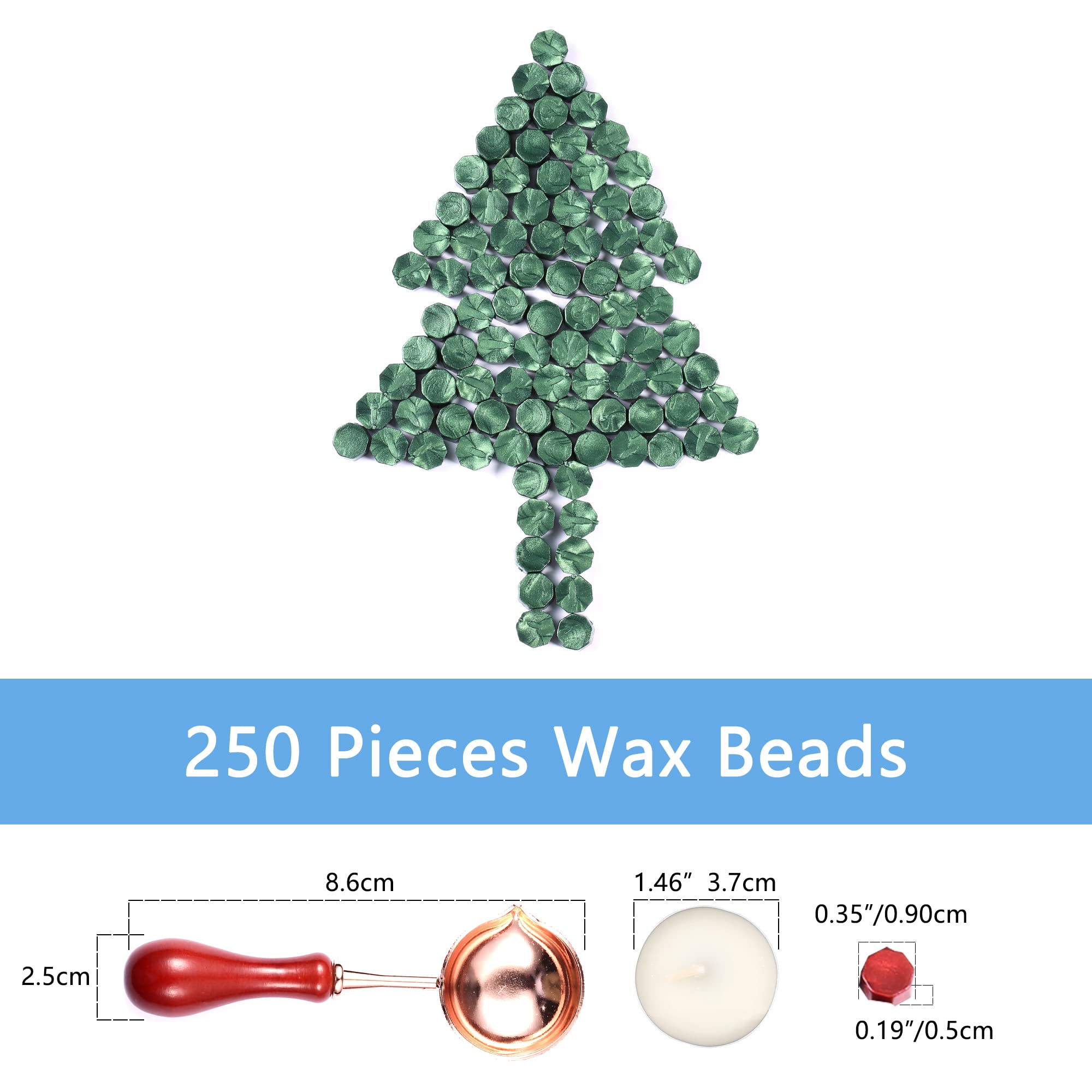 Comealltime 248-Piece Pine Green Octagonal Sealing Wax Set including 2 Tea Lights & 1 Melting Spoon, Sealing Wax Seal Stamps,Green - Image 2