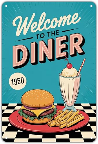 Letrero de metal retro con texto en inglés «Welcome To The Diner» de los años 50, diseño estético para jardín, patio, bar, porche, hogar,