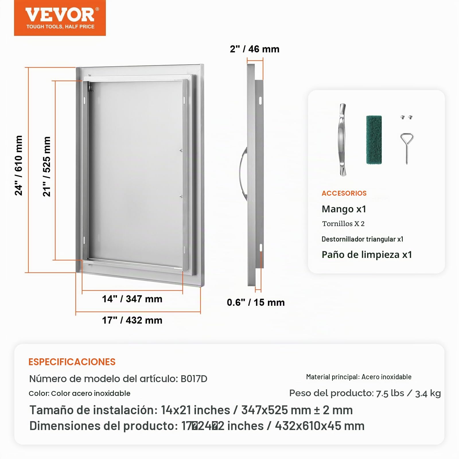 VEVOR Puerta de Acceso a Barbacoa Puerta de Cocina Exterior Simple de 432x610 mm Puerta Empotrada de Acero Inoxidable con Manija Empotrada para Isla de Barbacoa, Estación de Parrilla, Armario Exterior