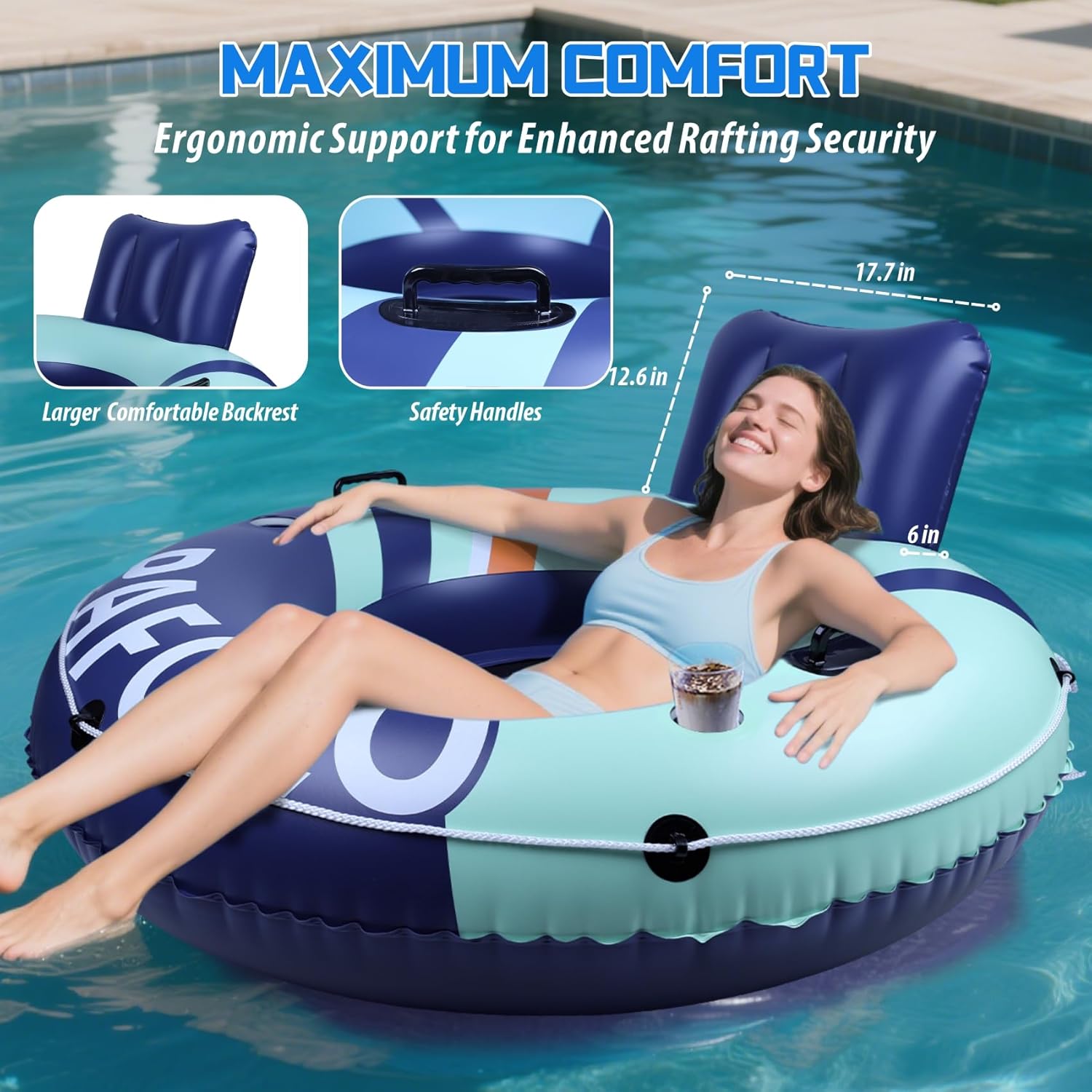 Inflatable River Tube Float, 53‘’Pool Float Adult, River Tubes for Floating Heavy Duty with Mesh Bottom, Water Tubes for Beach Lake Rafting, Comfortable Backrest & Cup Holders,450 lbs Weight Capacity