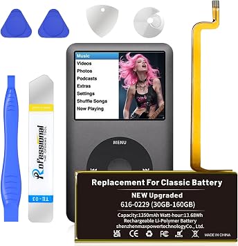 616-0229 Battery, Upgraded 1350mAh High Capacity Replacement Battery for iPod 5th 6th 7th Generation Video Classic A1136 A1238 6th 80GB 6.5th 120GB 7th 160GB 5th 30GB Batteries with Repair Tool Kit