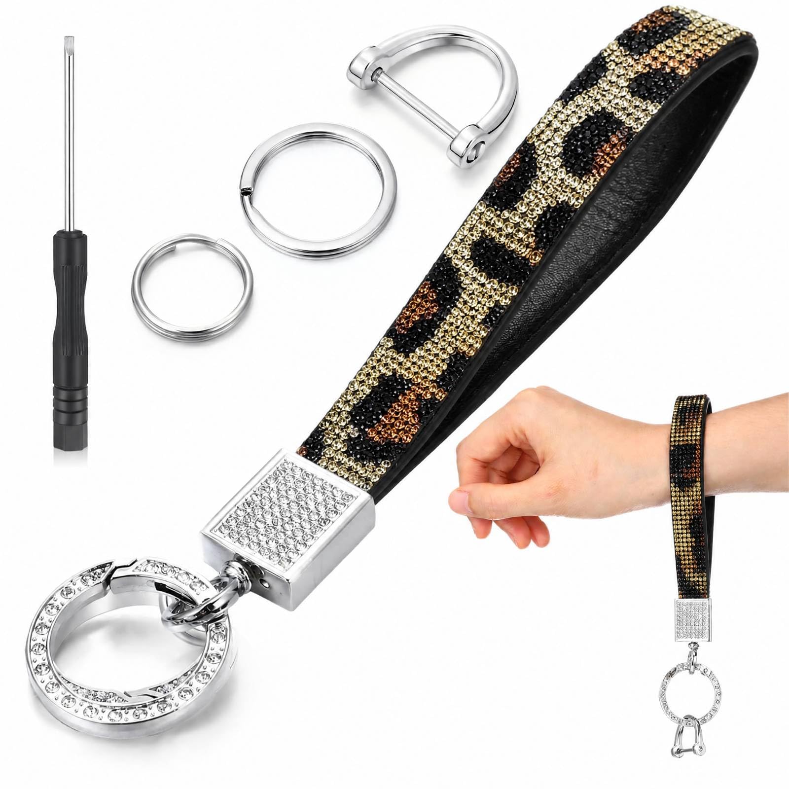 Huquary Llavero de cuero con diamantes de imitación brillantes para coche, llavero de 4.72 pulgadas con diamantes de imitación brillantes para mujeres y niñas, regalos de Navidad