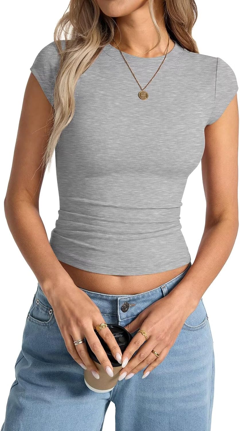 Womens Cap Sleeve Tops Summer Crew Neck Short Sleeve Shirts Slim Fit Basic Ribbed Tops Y2K 2025 Going Out Crop - Image 2