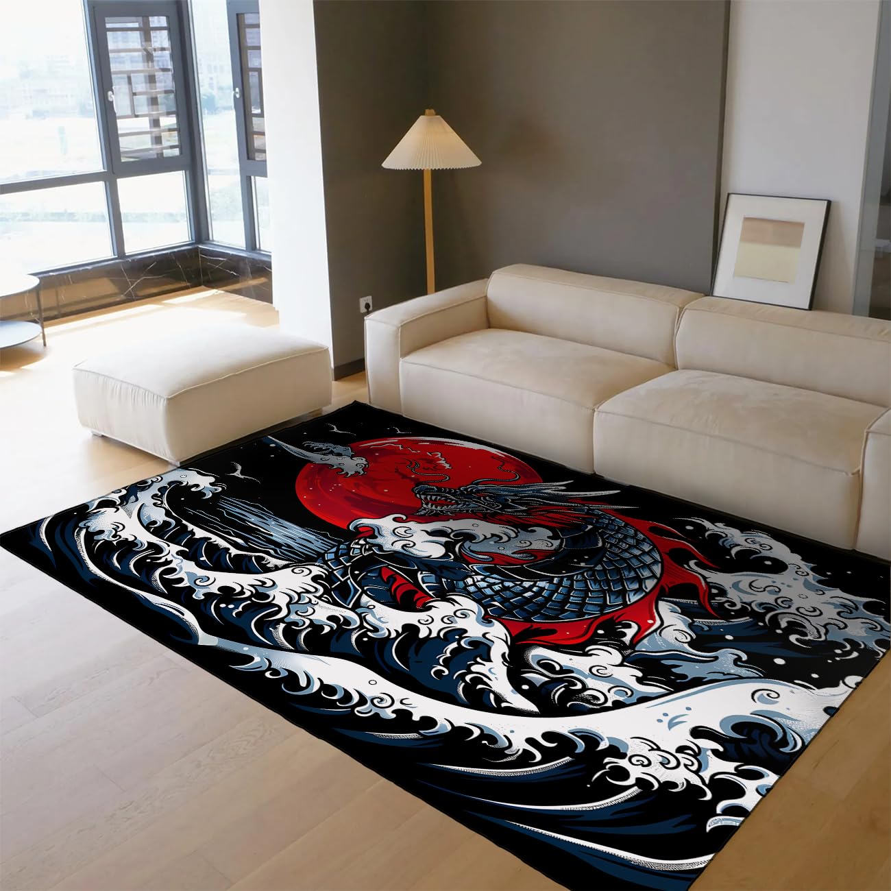 Tapis japonais dragon rouge 100x150cm pour salon moderne lavable et antidérapant