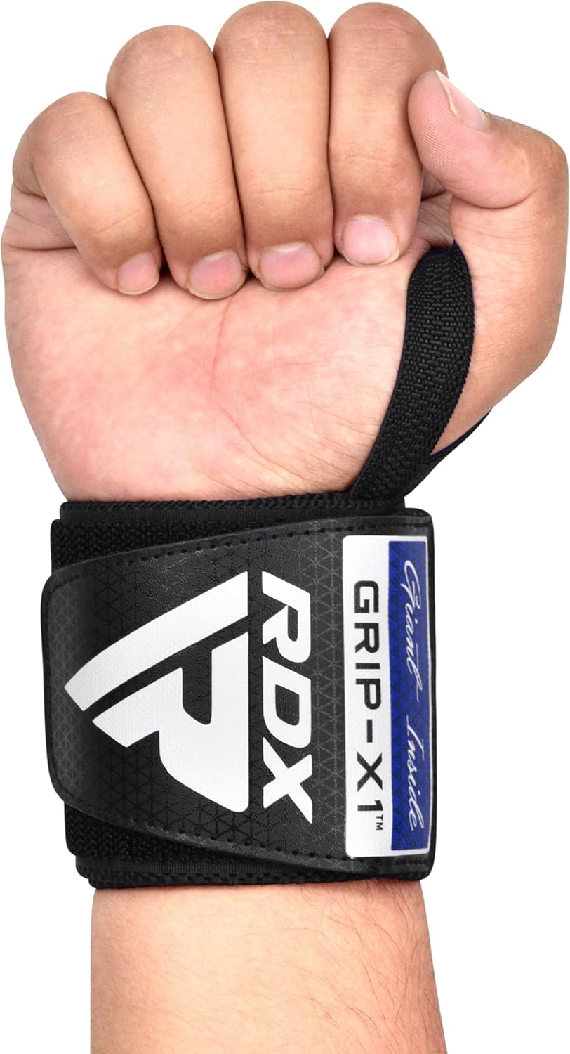 RDX WR11 Professional Weight Lifting Wraps18'' USPA IPL Approved Elastic Comfortable & Secure Cotton Straps with Thumbloop Bodybuilding Wod & Gymnastics (Black/Blue)