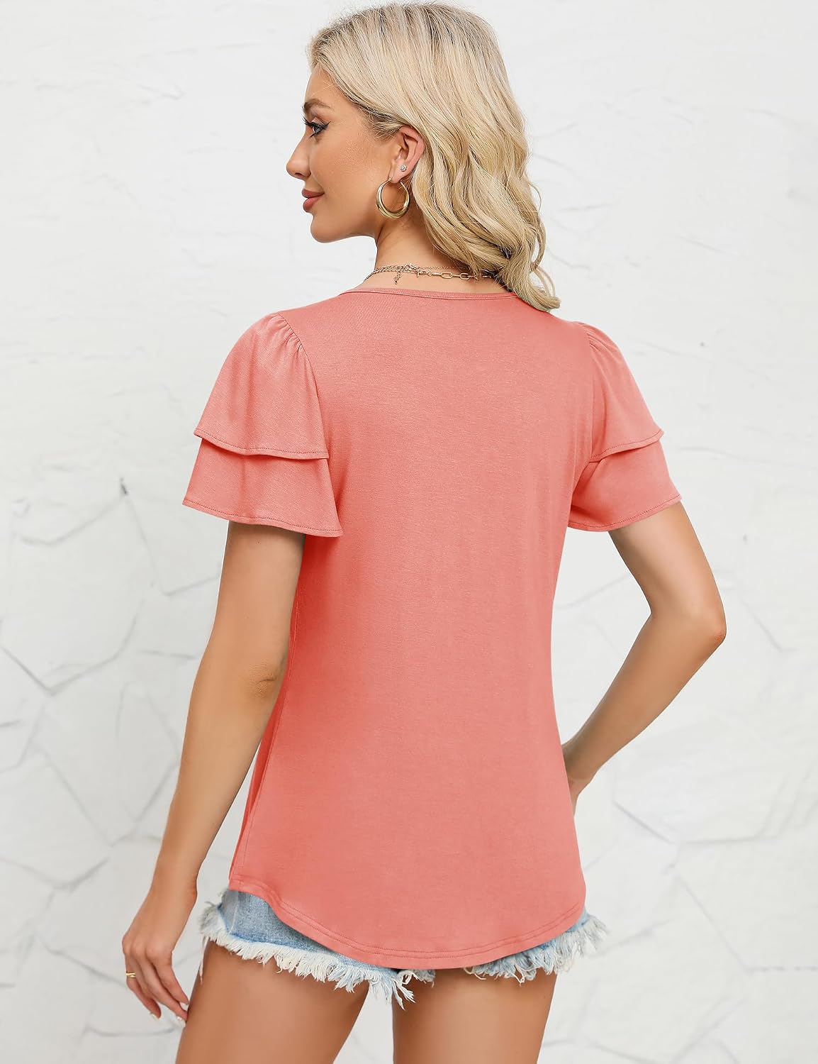 KTILG Women's Summer Tops Ruffle Short Sleeve T Shirts Crewneck Pleated Front Blouse Casual image 3