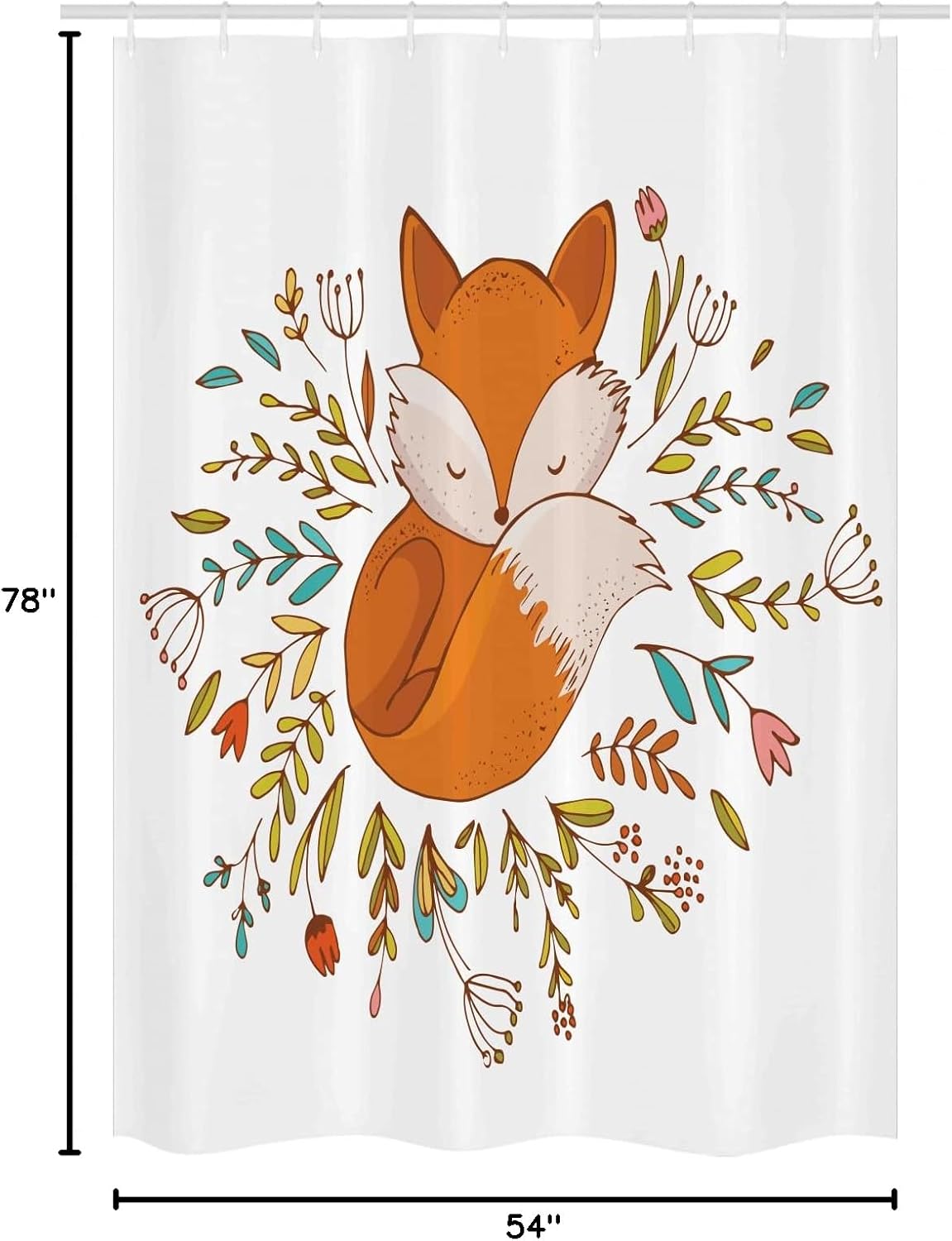 Ambesonne Cartoon Stall Shower Curtain, Fox Sleeping in a Floral Made Bed Circle Art Print, Fabric Bathroom Decor Set with Hooks, 54" W x 78" L, Dark Orange White