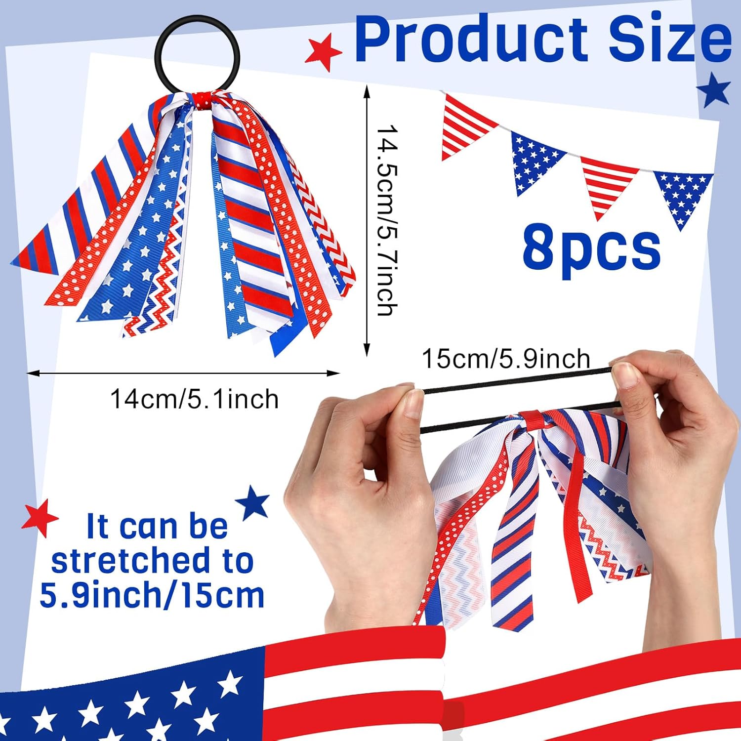 Retrowavy 8 Pcs Patriotic Fourth of July Hair Accessories Red White and Blue USA Ponytail Hair Ribbon Streamer Ties 4th of July Tinsel Elastic Ponytail Holder Memorial Day Independence Day Party