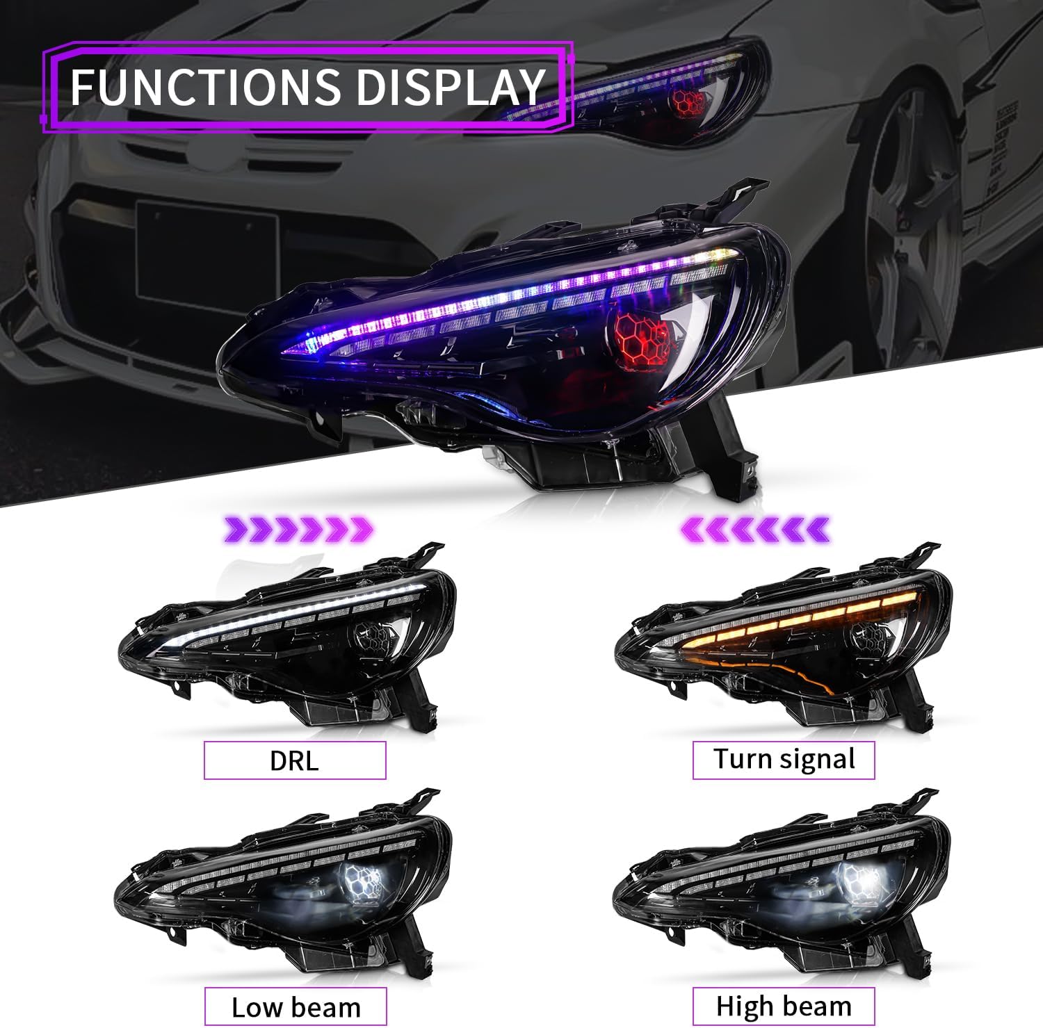 Archaic Headlights Assembly Compatible for Toyota 86 GT86 2012-2021/Subaru BRZ 2013-2021/Scion FR-S 2012-2016, Honeycomb Projector Headlight w Sequential Turn Signal, Plug & Play, Pair