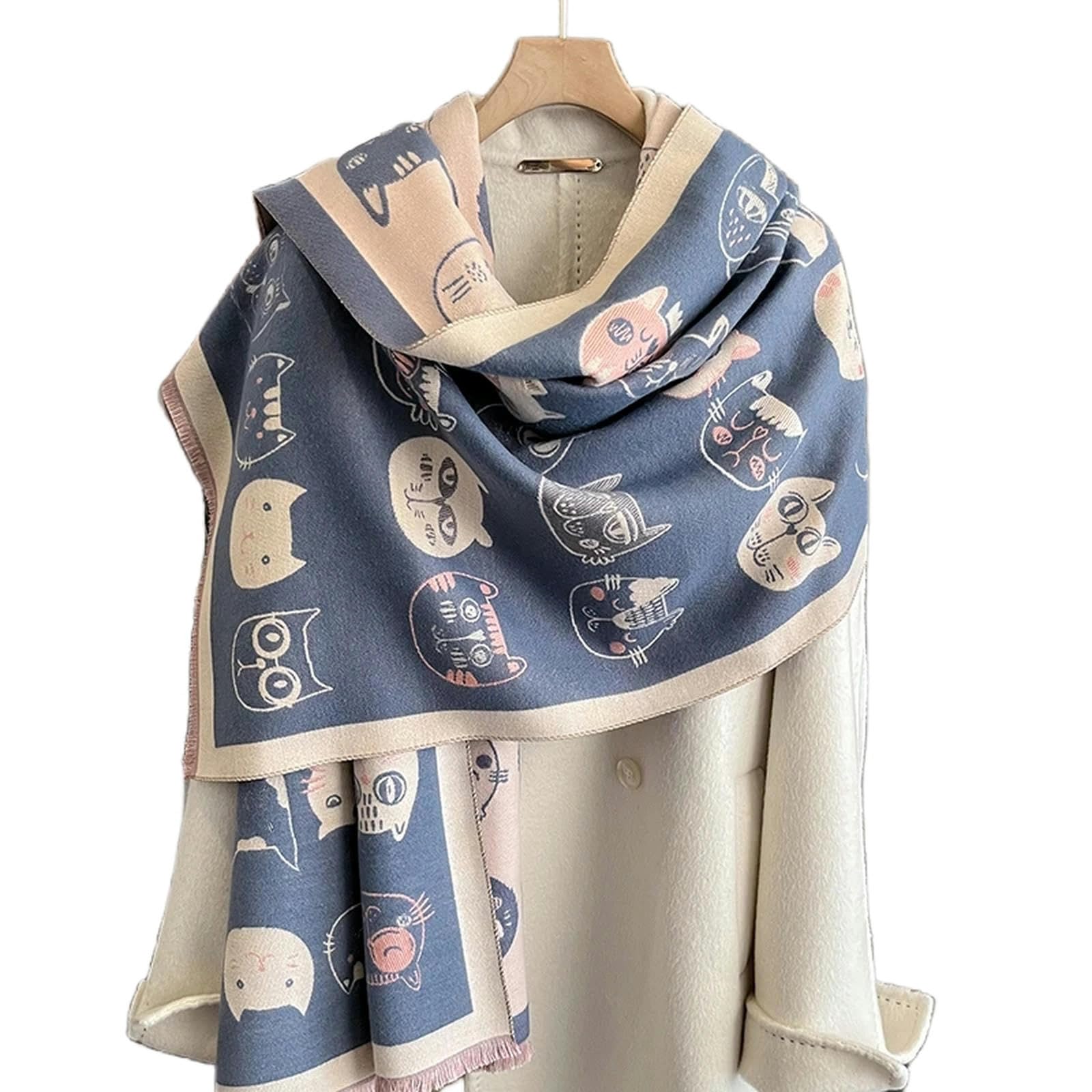MdybF Szalik damski jesień i zima podróż ciepły sztuczny kaszmirowy szal szalik moda kobiety kot nadruk koc chusty damskie urocze ponczo