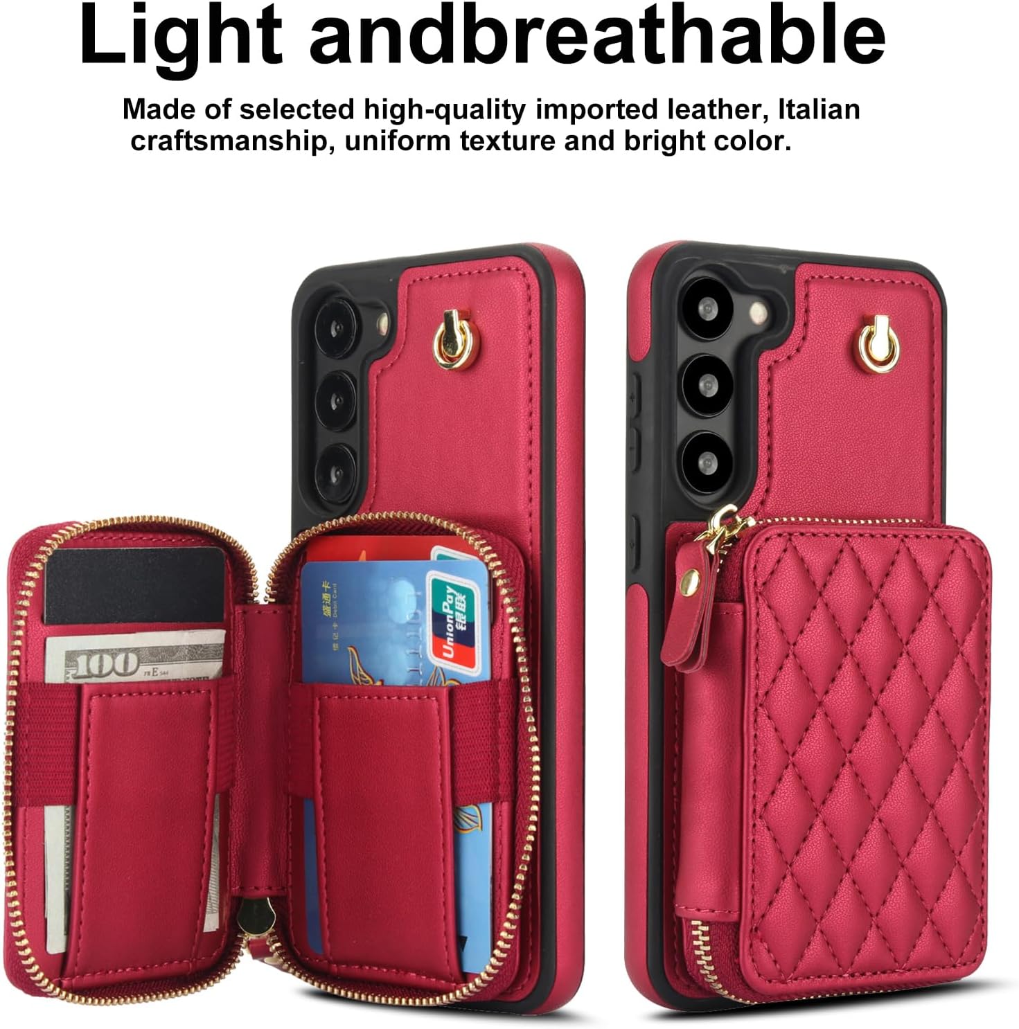 Phone Case for Samsung Galaxy S23 Plus S23+ 5G Wallet Cell Cover with Tempered Glass Screen Protector Wrist Crossbody Strap RFID Blocking Card Holder S23plus 23S + S 23 23+ SM-S916U 6.6 inch Women Red