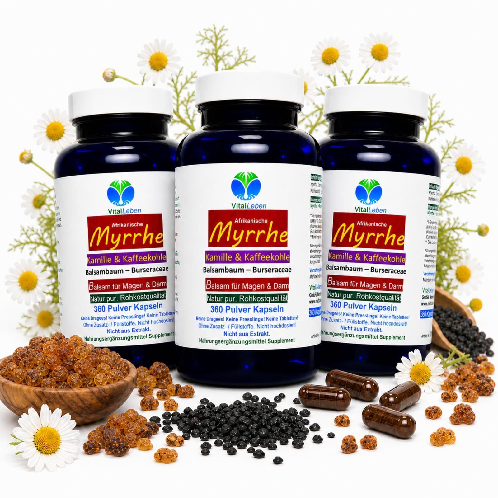 MYRRHE + KAMILLE + KAFFEEKOHLE 1080 Pulver Kapseln (3x360) für den gestressten Darm nach AYURVEDA und Hildegard von Bingen - NATUR pur - OHNE ZUSATZSTOFFE [18 Monate] 27160-7