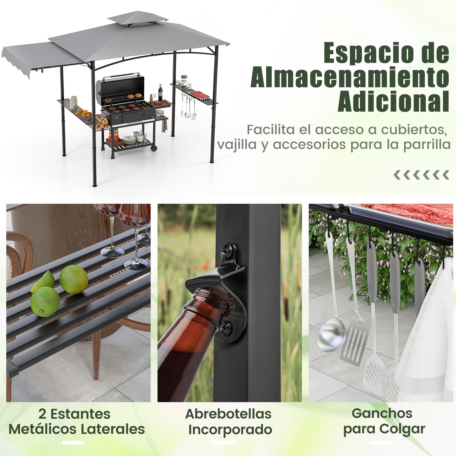 COSTWAY Cenador de Barbacoa 318 X 153 Cm, Techo Lateral, Carpa Barbacoa 2 Estantes Laterales y Parte Superior de 2 Niveles, Estructura Metal, Pergolas de Jardin Exterior (Gris)