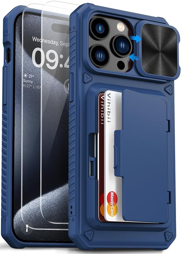 Vihibii for iPhone 15 Pro Max Case Wallet with HD Screen Protector, Blue by Vihibii - Used condition - US$17.93