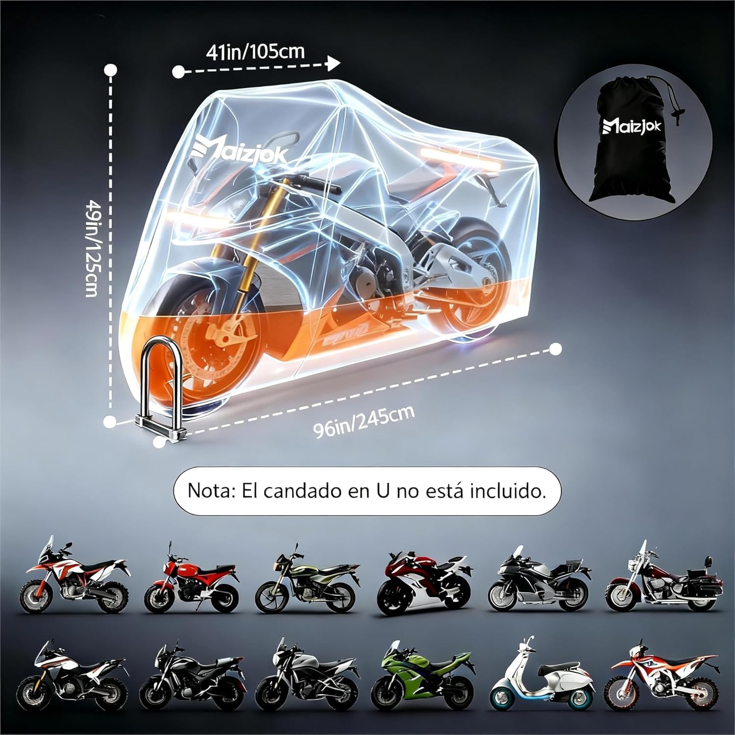 Funda Moto Impermeable 210D Poliéster Cubierta Exterior Protector Lluvia UV XL 245x105x125 cm
