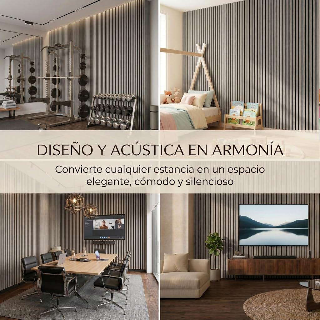 Ediesi, Paneles Acusticos Decorativos 120x60 cm, Revestimiento de Pared en Madera con Listones, Aislante de Ruido, Diseño Moderno para Salon, Oficina o Estudio (Gris, 4 Unidades)