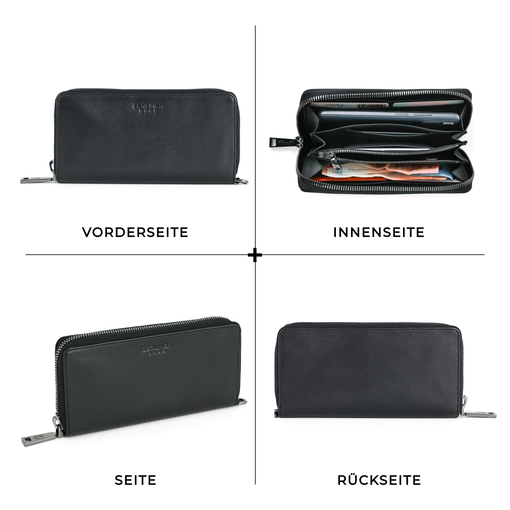 Berliner Bags Premium Geldbörse Lyon, Große Portemonnaie, Geldbeutel aus Leder, mit TÜV-geprüftem RFID-Schutz, inkl, Geschenk-Box, für Damen – Schwarz