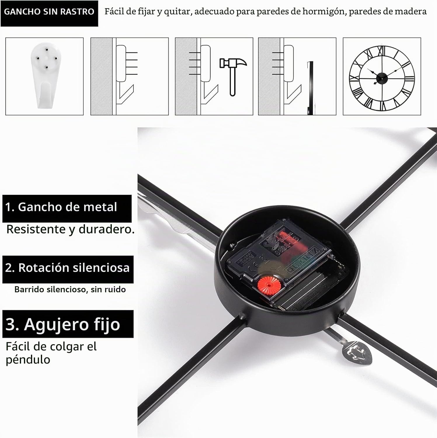 Maxstar Reloj de Pared Grande sin tictac, silencioso, 40 cm, números árabes, Cuarzo, batería, Reloj de Pared, fácil de Leer para el hogar, Cocina, Dormitorio, Estilo de decoración