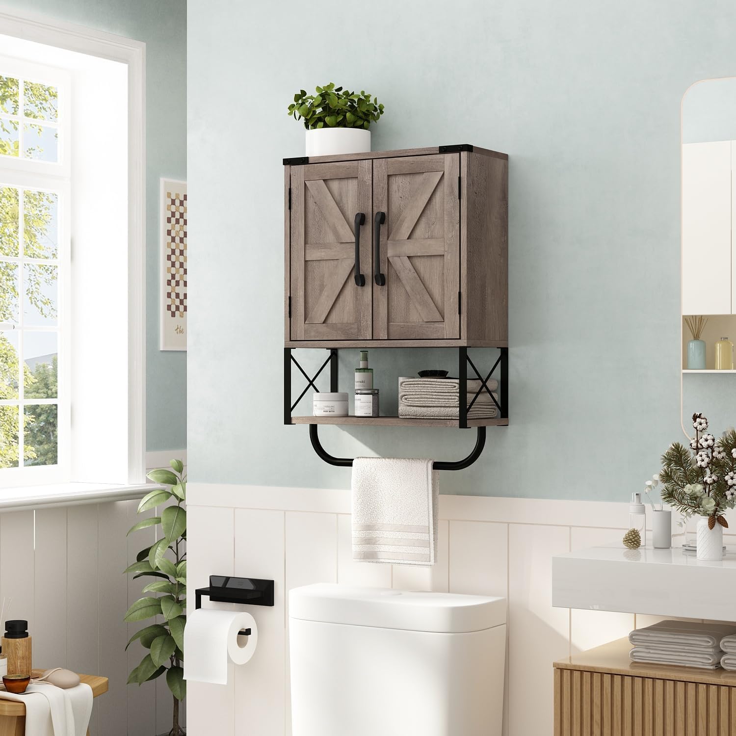 RUSTOWN Farmhouse Rustic Medicine Cabinet with Two Barn Door,Wood Wall Mounted Storage Cabinet with Adjustable Shelf and Towel Bar, 3-Tier Cabinet for Bathroom, Living Room(Washed Oak)