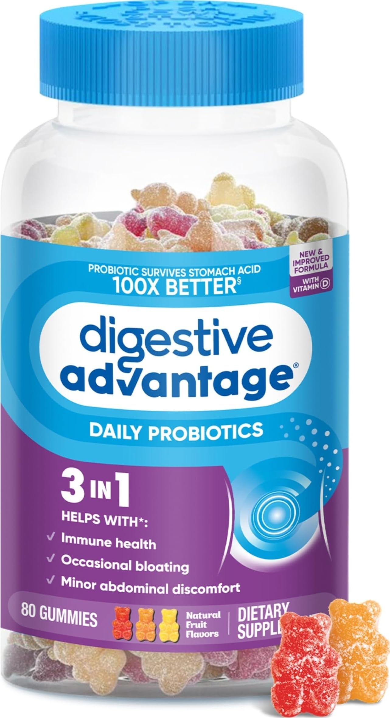 Digestive Advantage Probiotics For Digestive Health, Probiotic Gummies & Vit D, Daily Probiotics For Women &Men Occasional Bloating, Minor Abdominal Discomfort & Gut Health, 80ct Natural Fruit Flavors 80 Count (Pack of 1)