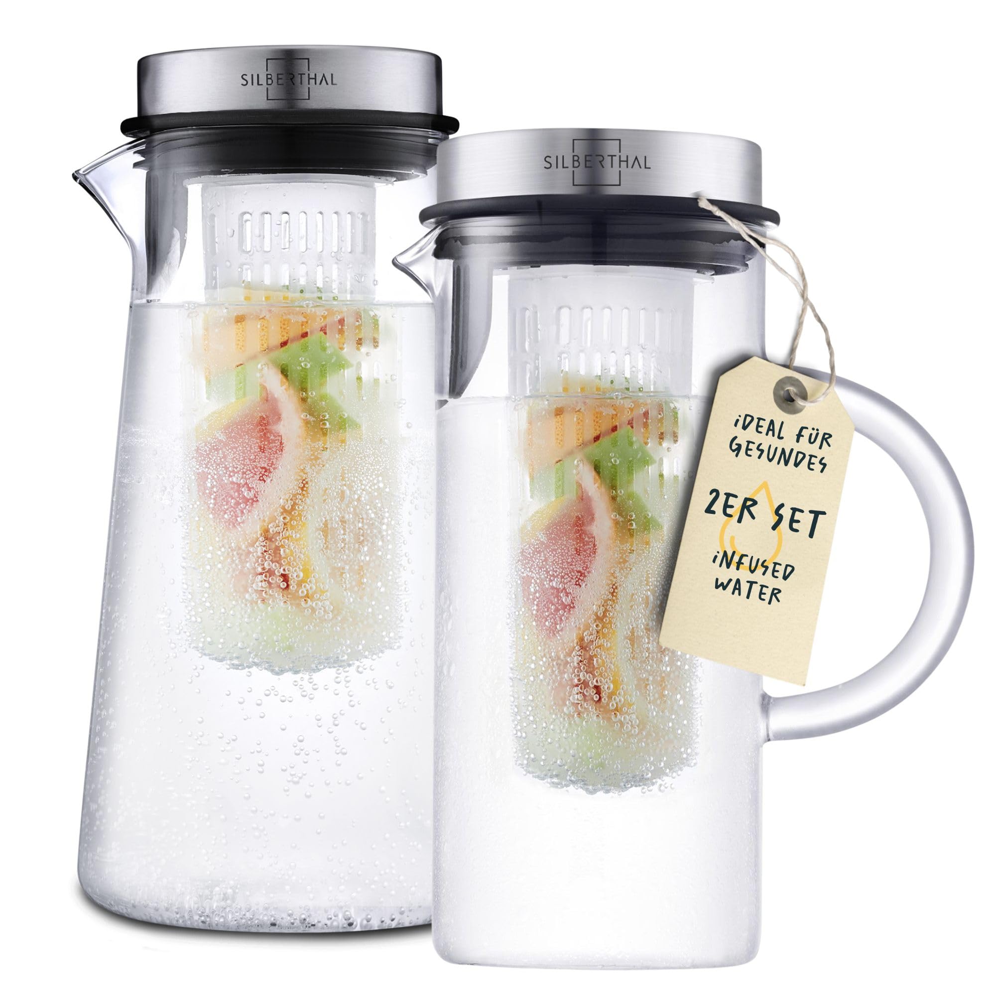 SILBERTHAL Glaskaraffen Set 1L & 2L - Wasserkrüge Glas mit Deckel und Fruchtsieb
