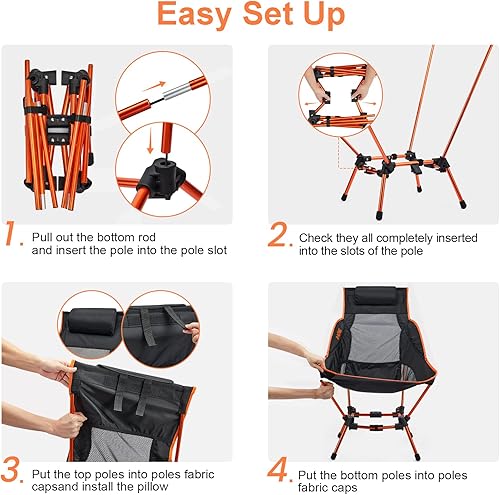 Miniatura 4 de G4Free Silla de camping plegable silla de campamento ligera de respaldo alto con almohada extraíble bolsillo lateral y bolsa de transporte compacta