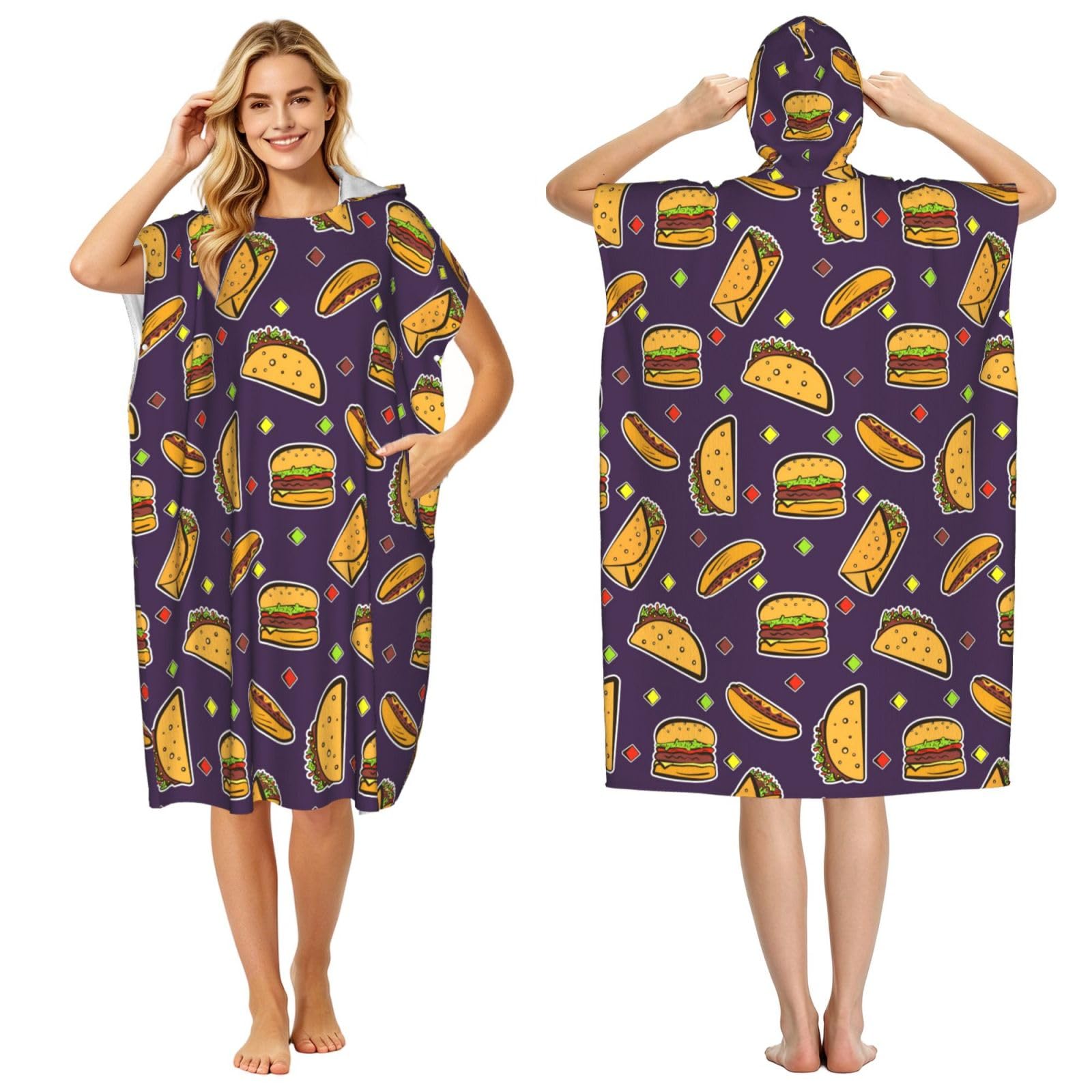 Poadnly Taco Hamburger Hot Dog Pattern, Adult Hooded Beach Towel 90 x 110 cm,Changing Bath Robe, Surf Poncho Towel For Women Men