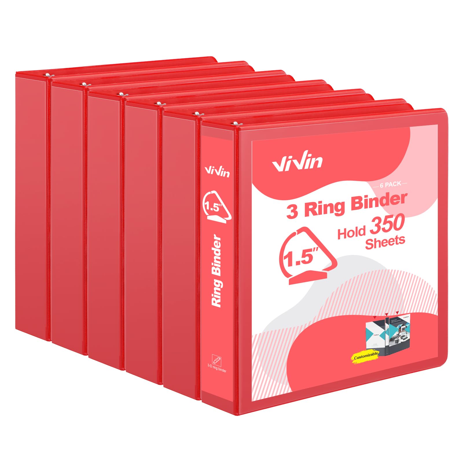 ViVin Robusto raccoglitore a 3 anelli da 3,8 cm con tasche, anello a D inclinato, senza PVC, personalizzabile, contiene 350 fogli di carta da 21,6 x 27,9 cm, confezione da 6 (rosso)