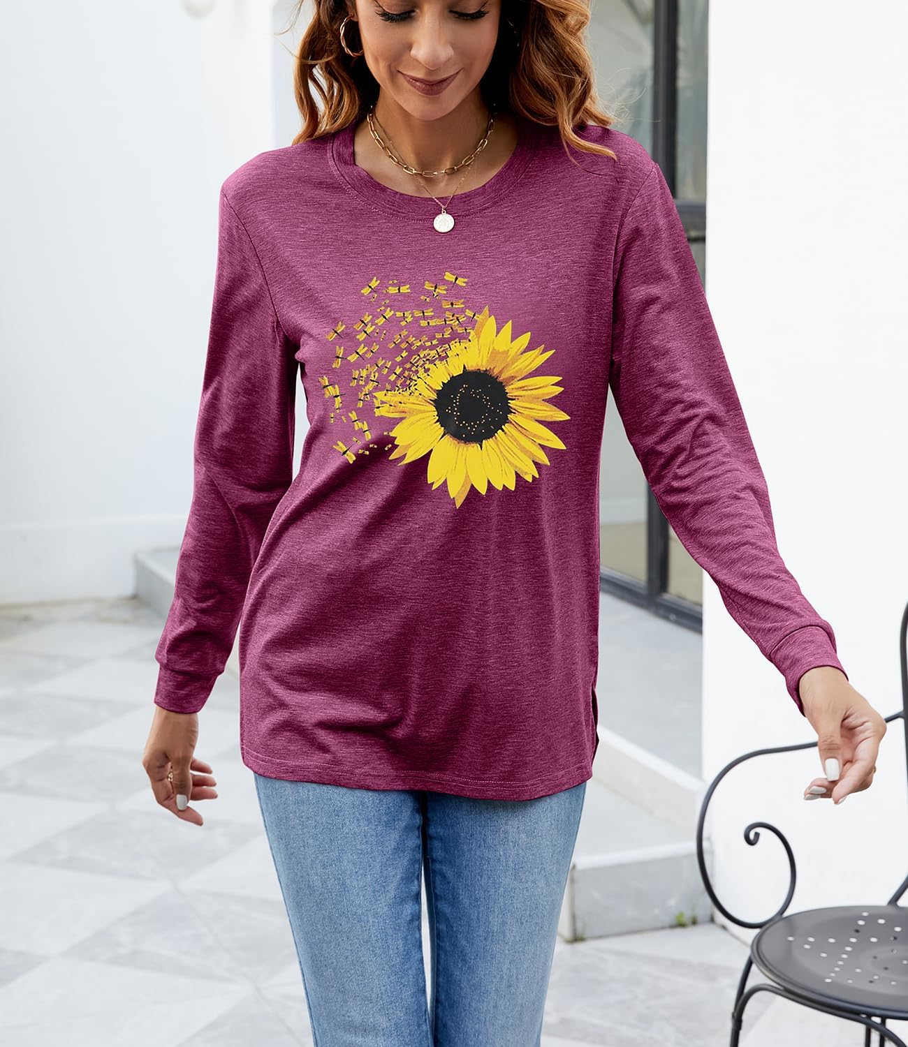 Women's Fall Sunflower T Shirt Cute Graphic Tees Casual Loose Long Sleeve Crew Neck Tunic Tops - Image 2