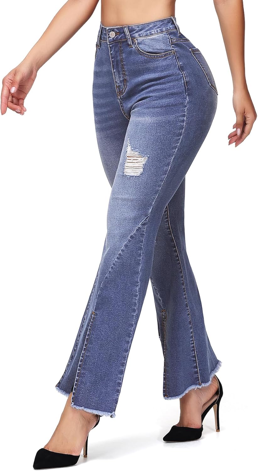 Women's Ripped Jeans High Waisted Hip Lift Flared Jeans Stretchy Wide Leg Destroyed Denim Split Hem Pants - Image 4