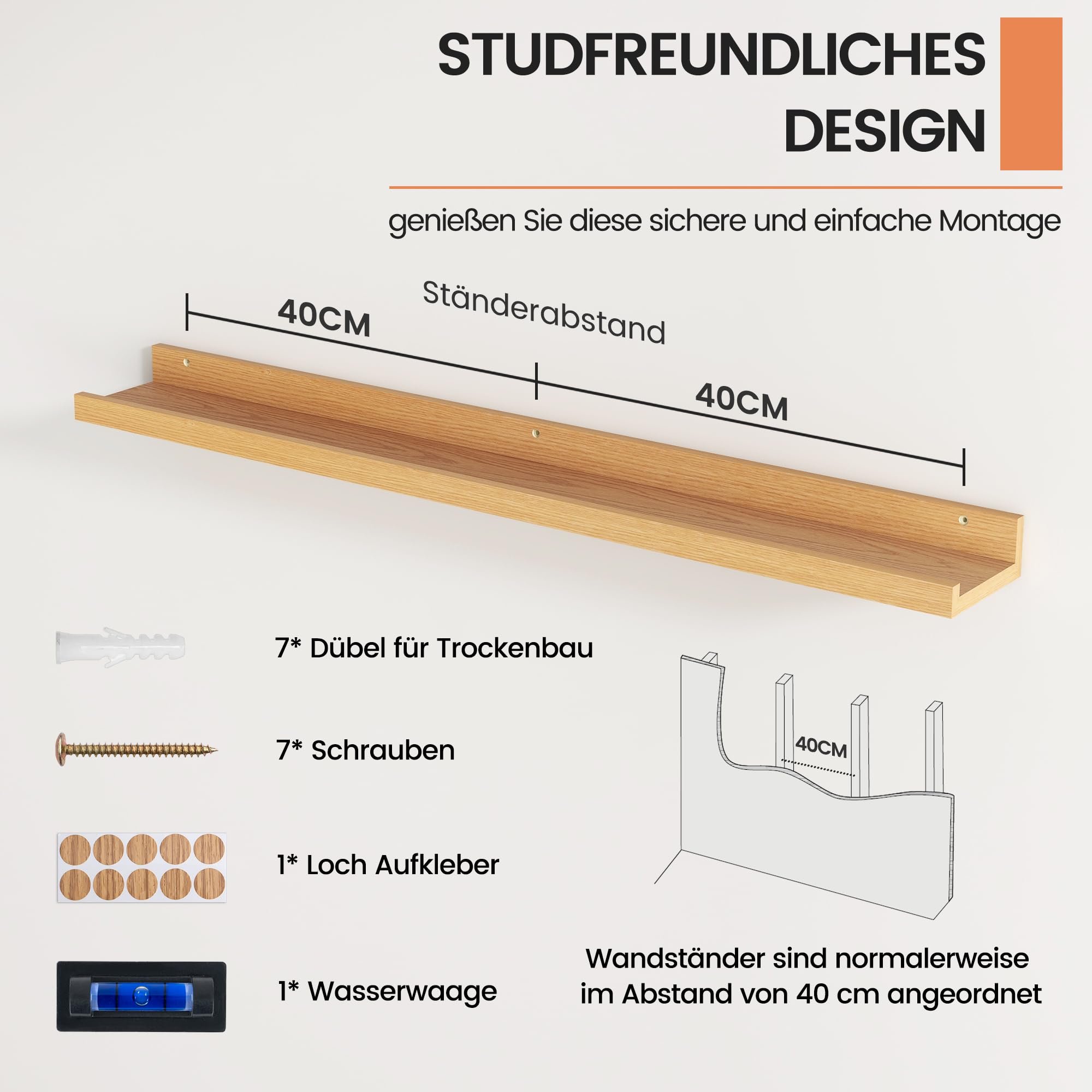 FLYJOE Schweberegale, 90 cm Wandregal Bilderleiste, U-förmig Wandmontiertes Regal aus Holzwerkstoff für Kinderbücher Wohnzimmer, Arbeitszimmer, Küche & Schlafzimmer, Eiche, 2er Set