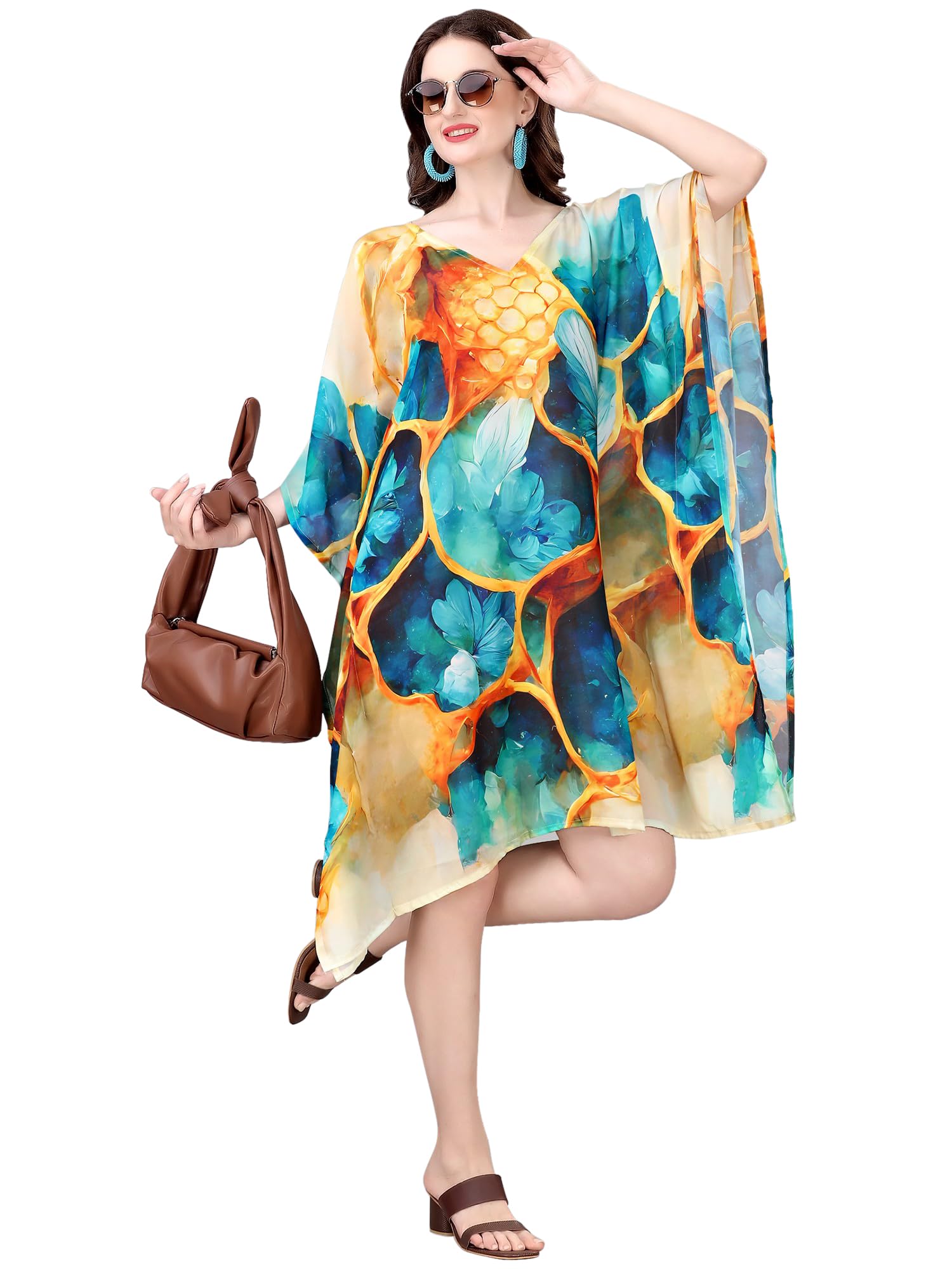 blue and yellow floral print georgette short kaftan lightweight beach cover up and resort wear for women-image-39