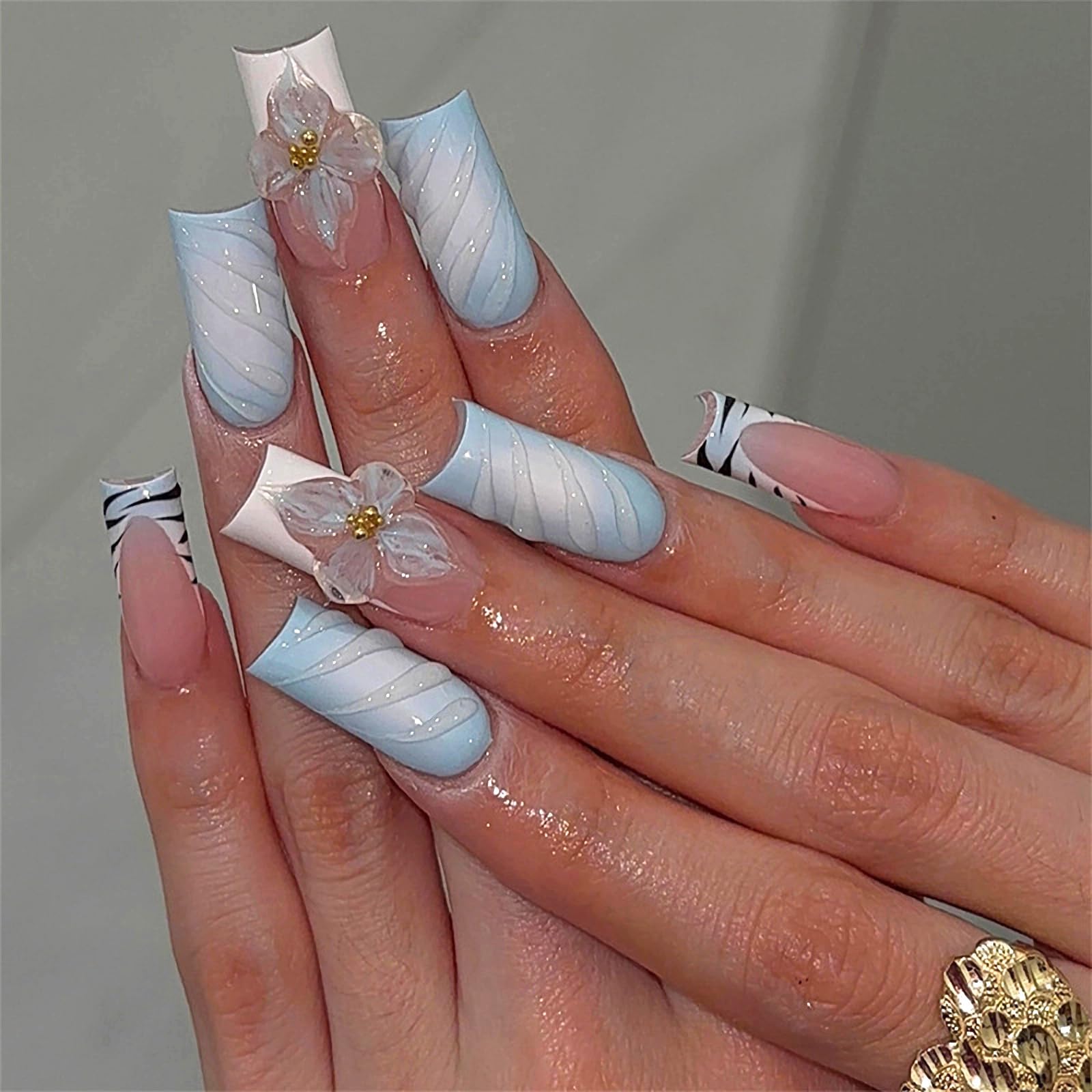 MERVF Long Press on Nails Square Fake Nails Blue Ombre French Tip Glue ons Squoval Tiger Print Summer Acrylic Nail Manicure Supplies 3D Flower Design Art DIY Glossy 24pcs