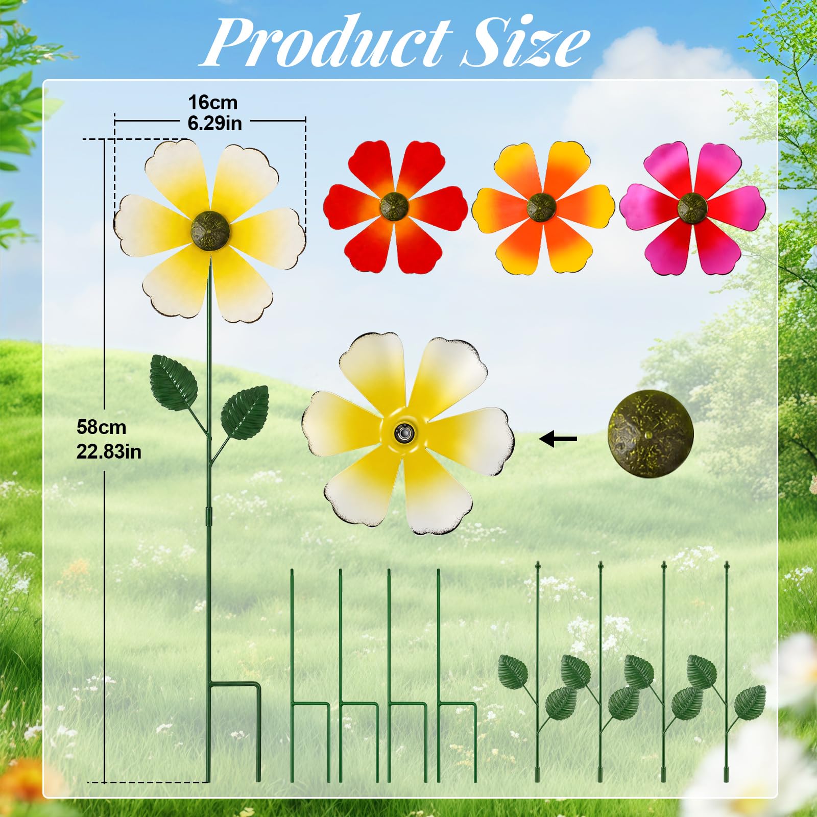 4er-Set Blumen-Windräder Bunt – 58 Cm Hohe 2-in-1 Windmühle Mit Regenbogen-Farbverlauf, Windspiel Für Garten, Terrasse Und Balkon