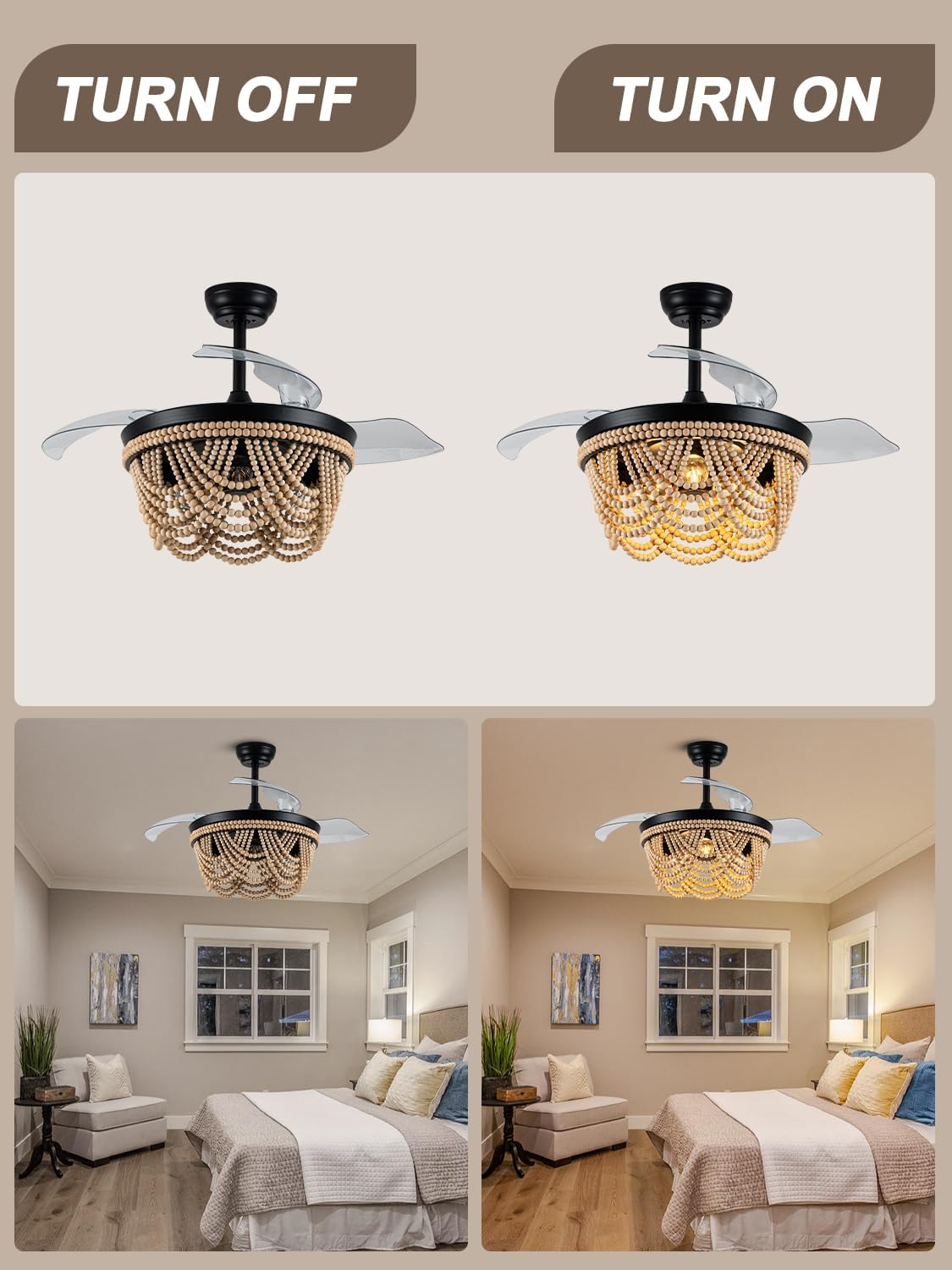 Boho Ceiling Fan with Light, Modern Ceiling Fan with 6 Speed, Wood Beads Flush Mount Ceiling Fans for Bedroom Living Dining Room Kitchen (42 inch)