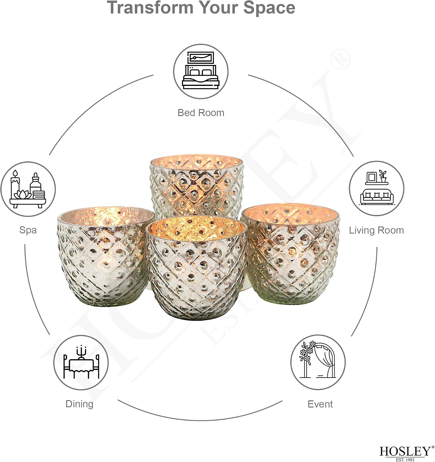 Hosley Set of 6 Antique Silver Glass Votive/Tealight Candle Holders – Mercury Style Decorative Cups for Weddings, Table Centerpieces & Home Décor – 2.75” Diameter image 4