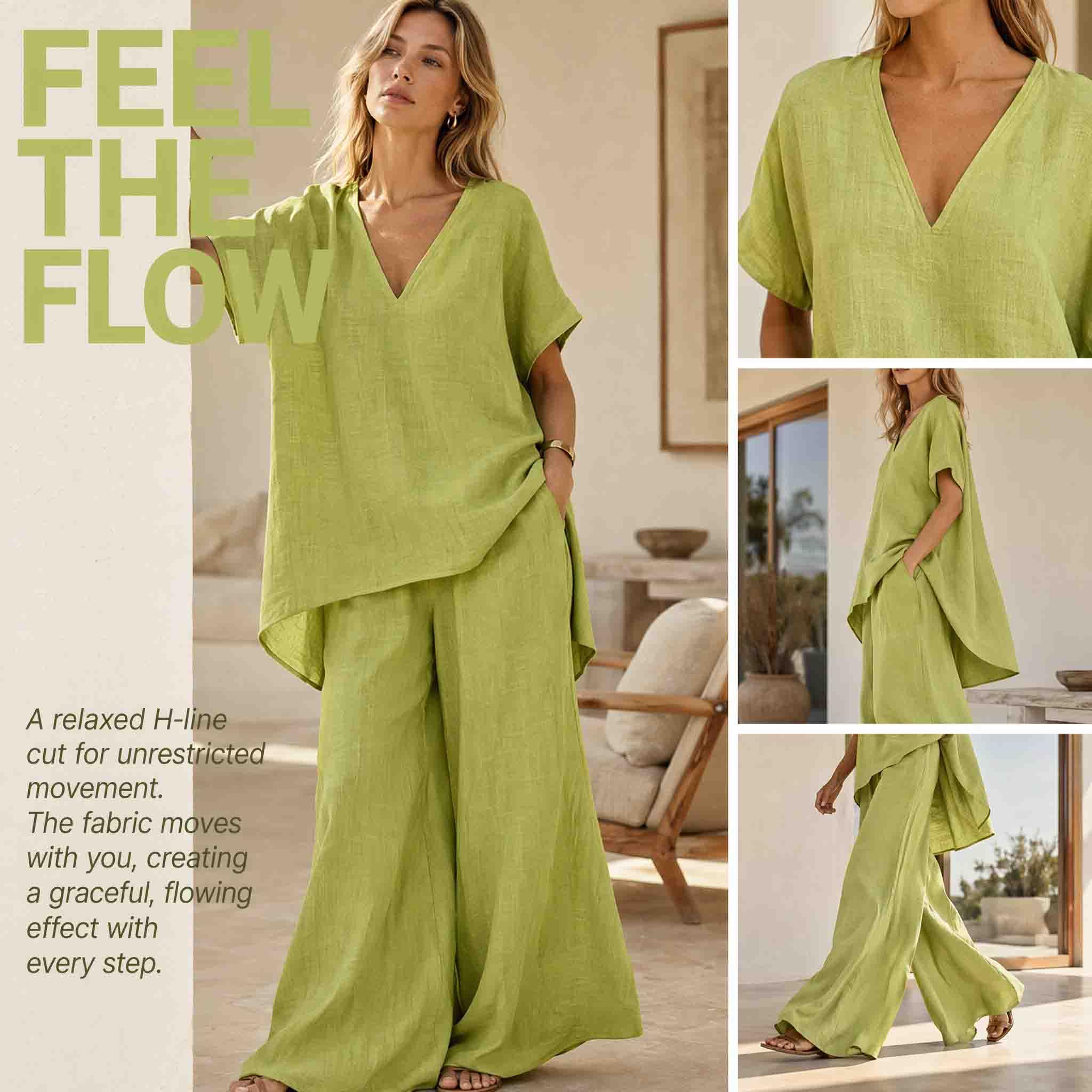 Générique Ensemble 2 Pièces Femme Été Style Bohème Lin Chic, Tunique Asymétrique Col V et Pantalon Large Fluide, Modèle Imprimé Moderne, Tenue Ample et Légère pour Vacances ou Quotidien