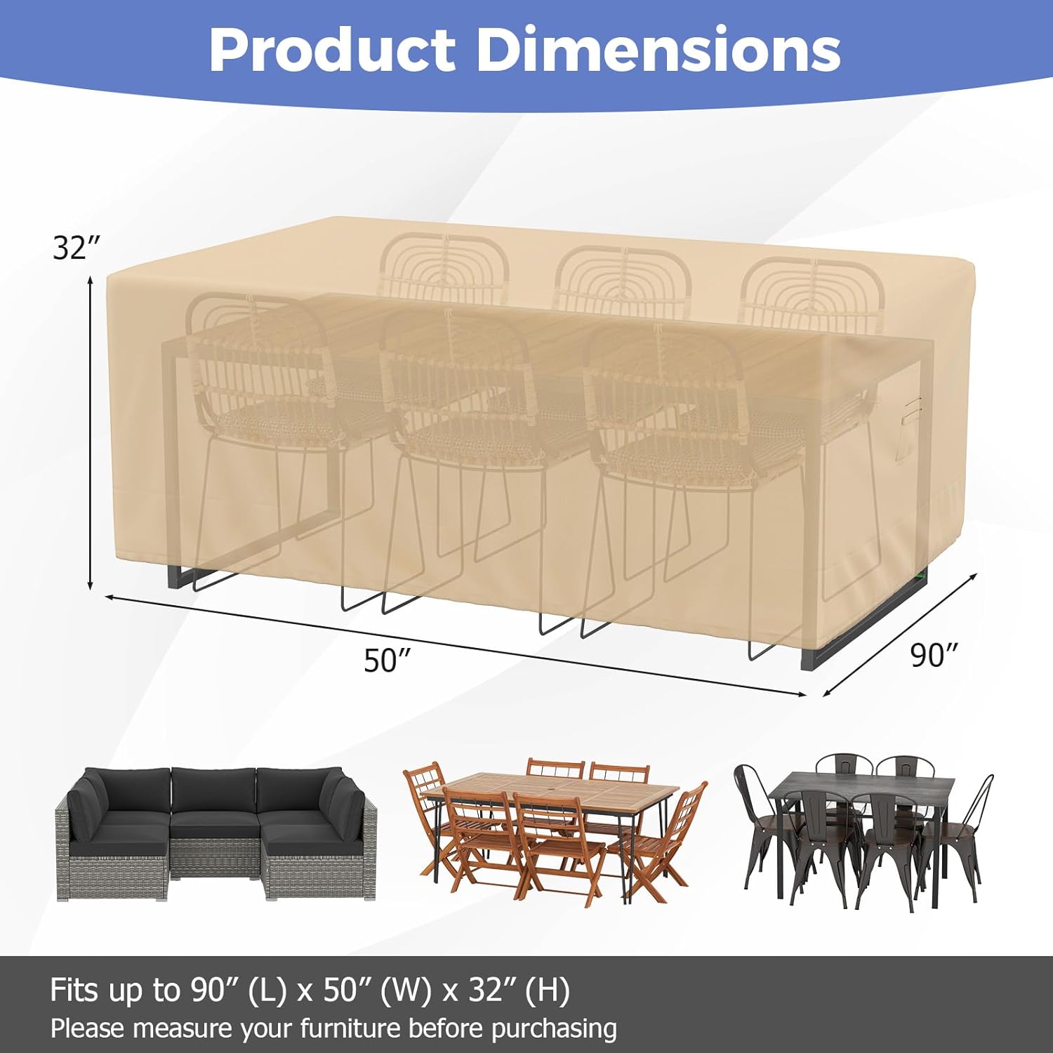 Patio Furniture Cover, Outdoor Furniture Cover Waterproof with Air Vent, Wind Resistant Straps & Handles, Fits up to 90"L x 50"W x 32"H Rectangular Patio Table & Chair Set(Beige)