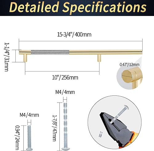 Miniatura 4 de Paquete de 2 tiradores moleteados para gabinete, manijas de gabinete de 16 pulgadas de largo, tiradores de puerta de metal, tiradores de cajón de